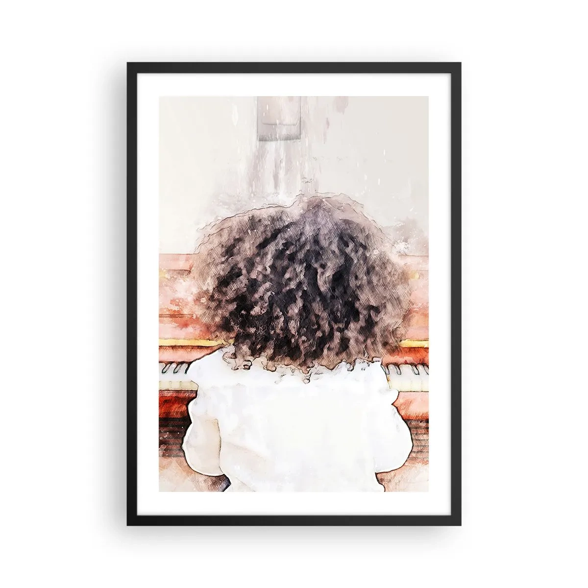 Poster in een zwarte lijst - Een kind met weelderige krullen speelt piano in aquarelstijl - 50x70cm - In de nieuwe wereld - Moderne wanddecoratie voor woonkamer en slaapkamer ARTTOR