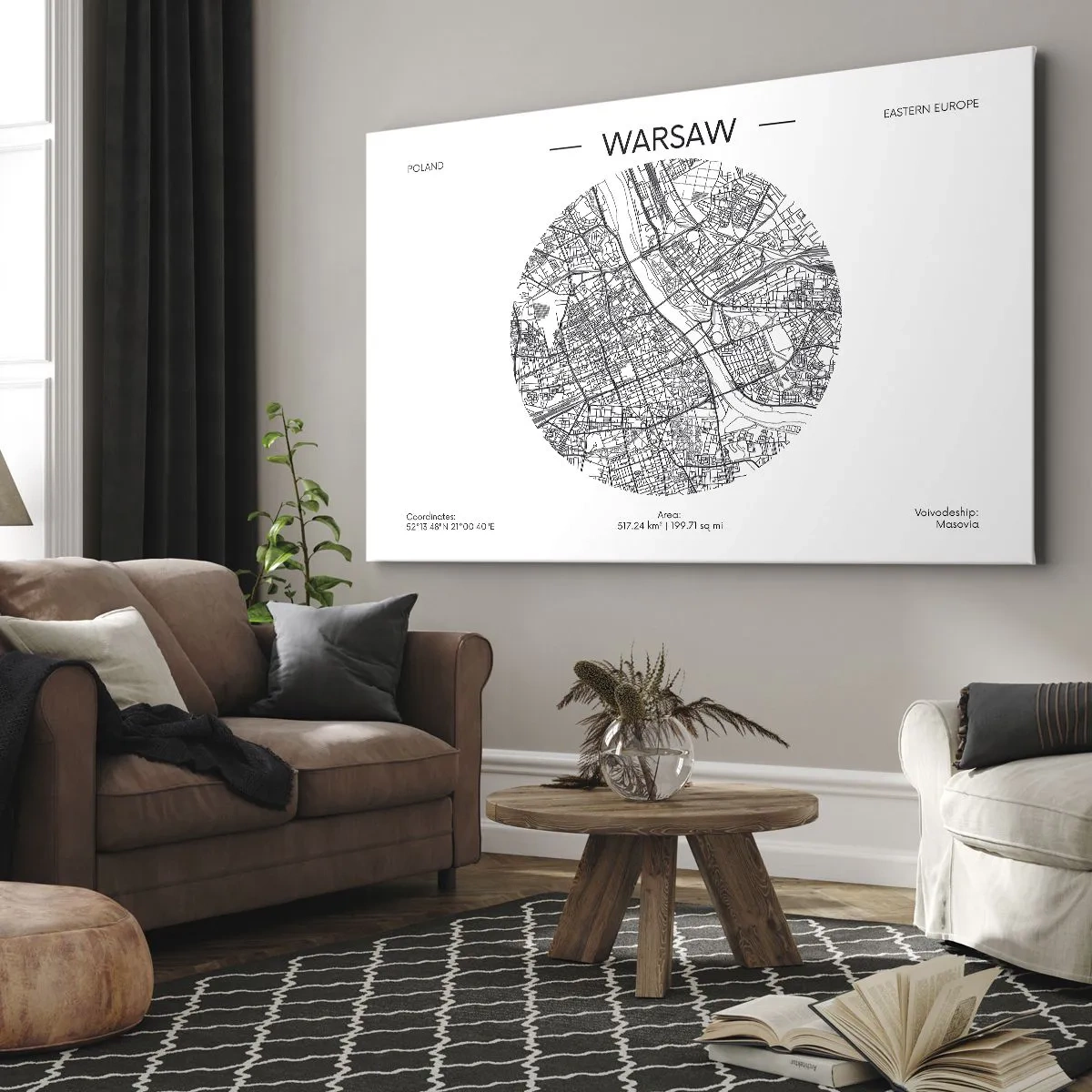 Schilderen op canvas - Een kaart van Warschau in minimalistische stijl - 70x50cm - Anatomie van Warschau - Moderne wanddecoratie voor woonkamer en slaapkamer ARTTOR