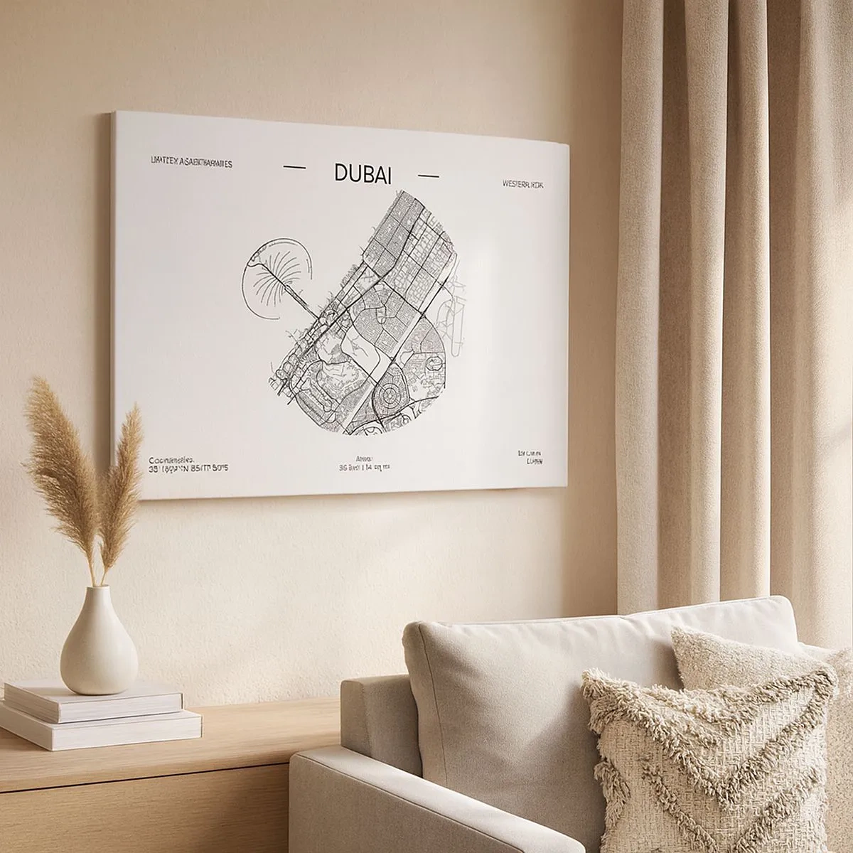 Schilderen op canvas - Een minimalistische zwart-witkaart van Dubai met locatiemarkeringen. - 70x50cm - Anatomie van Dubai - Moderne wanddecoratie voor woonkamer en slaapkamer ARTTOR
