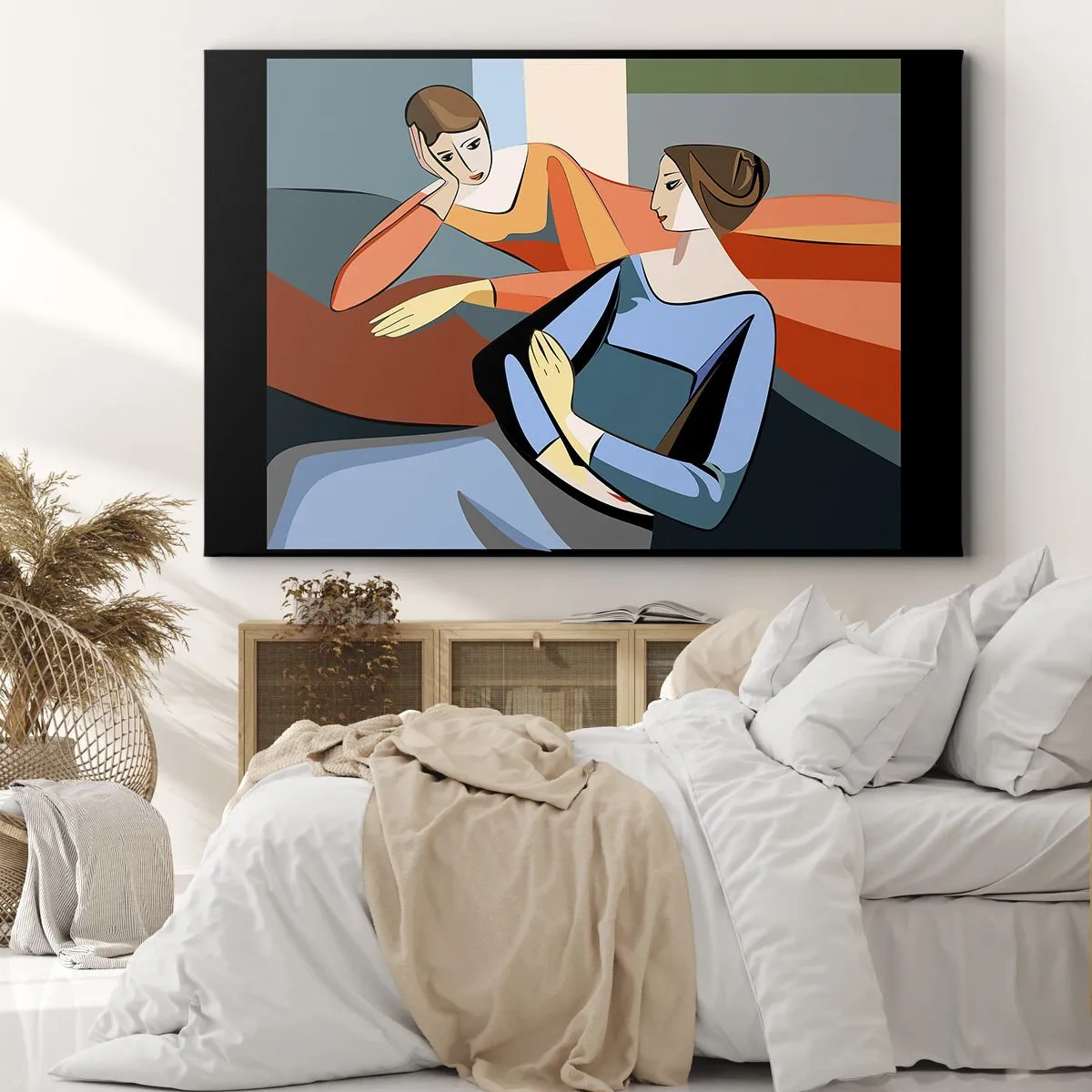Schilderen op canvas - Abstracte illustratie van twee vrouwen in kubistische stijl - 70x50cm - Een moment van vertrouwen - Moderne wanddecoratie voor woonkamer en slaapkamer ARTTOR