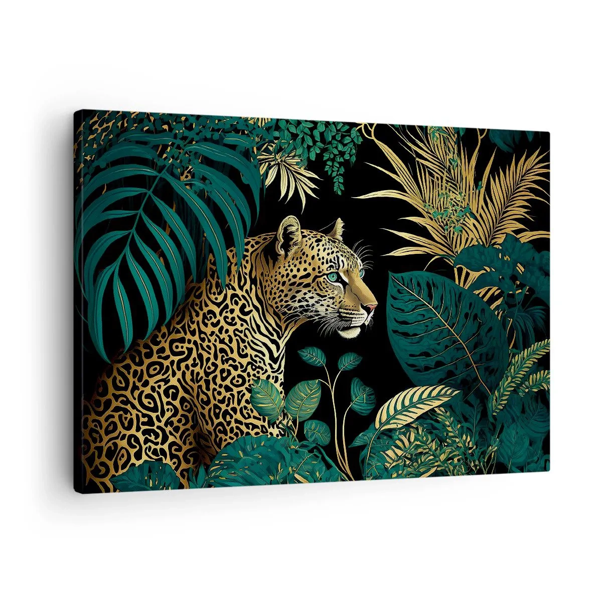 Schilderen op canvas - Luipaard in tropische bladeren op een zwarte achtergrond - 70x50cm - Een gastheer in de jungle - Moderne wanddecoratie voor woonkamer en slaapkamer ARTTOR