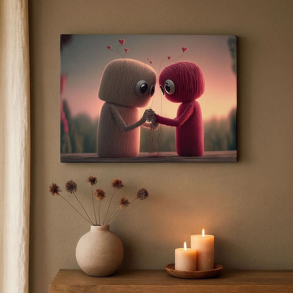 Schilderen op canvas - Garenfiguren in een charmante setting met een hartthema - 70x50cm - Iedereen mag liefhebben - Moderne wanddecoratie voor woonkamer en slaapkamer ARTTOR
