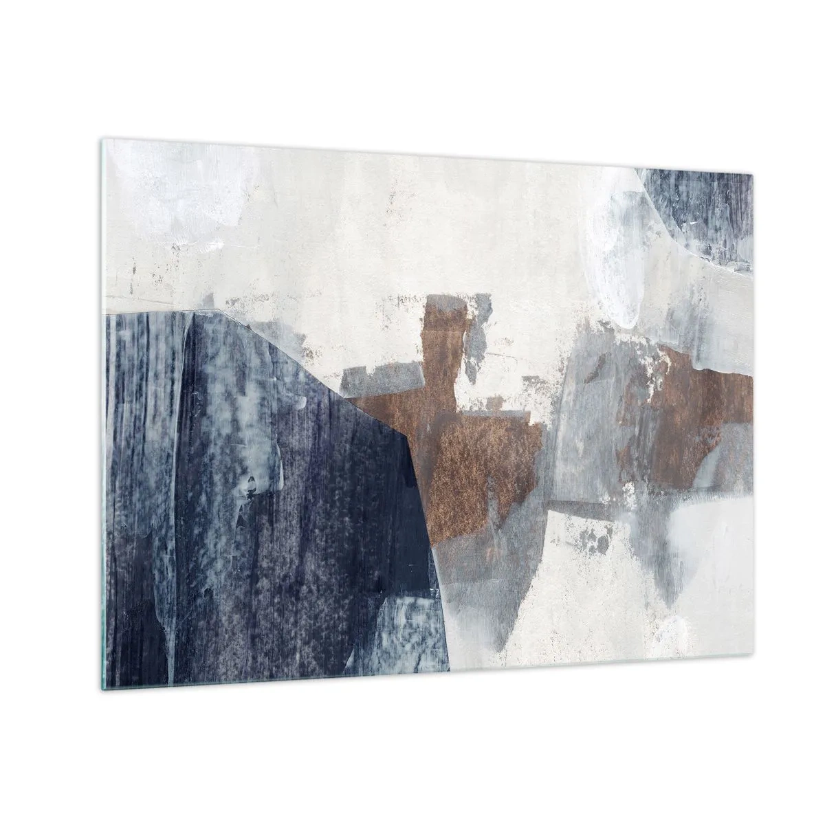 Schilderen op glas - Geometrische vormen in blauw, bruin en wit - 70x50cm - Blauwe en bruine vormen - Moderne wanddecoratie voor woonkamer en slaapkamer ARTTOR