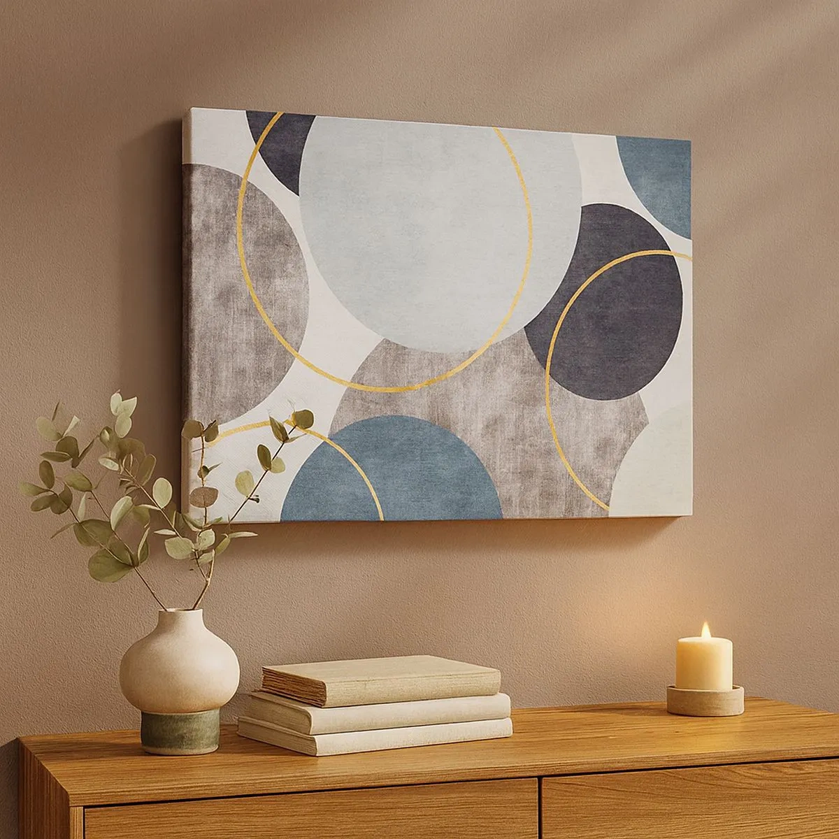 Schilderen op canvas - Geometrische cirkels in tinten grijs, blauw en goud - 70x50cm - Wiel voor wiel - Moderne wanddecoratie voor woonkamer en slaapkamer ARTTOR