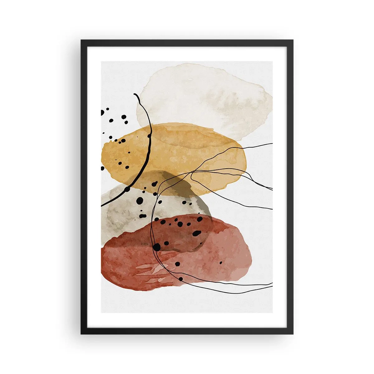 Poster in een zwarte lijst - Abstracte vormen in tinten beige, geel en rood - 50x70cm - Als lichte, transparante lucht - Moderne wanddecoratie voor woonkamer en slaapkamer ARTTOR