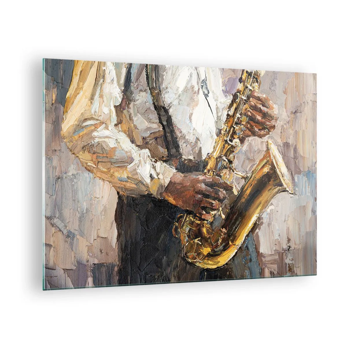 Schilderen op glas - Een muzikant die saxofoon speelt, geschilderd met behulp van de impasto-techniek - 70x50cm - Tijd om te solo te spelen - Moderne wanddecoratie voor woonkamer en slaapkamer ARTTOR