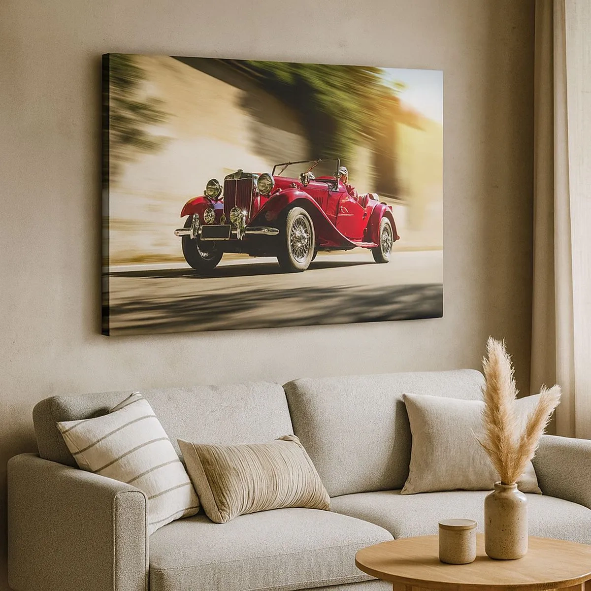 Schilderen op canvas - Rode klassieke auto in beweging op een zonnige straat - 70x50cm - Mooier dan Nike van Samothrace - Moderne wanddecoratie voor woonkamer en slaapkamer ARTTOR