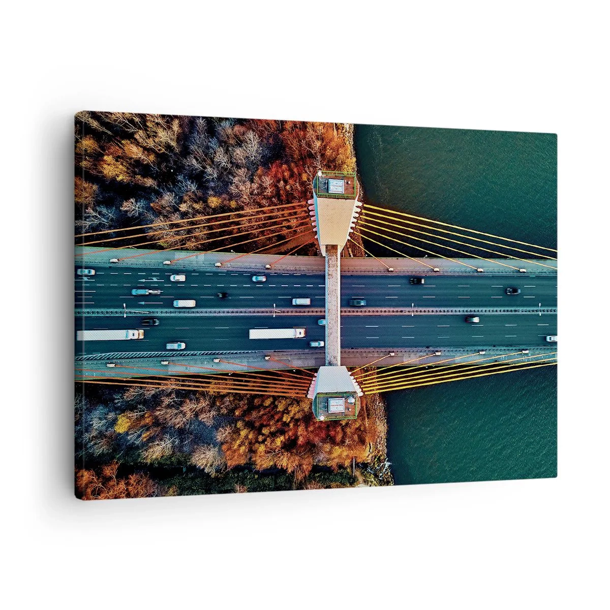 Schilderen op canvas - Luchtfoto van de brug over de rivier en het herfstlandschap - 70x50cm - BEYOND the waters, beyond the forest - Moderne wanddecoratie voor woonkamer en slaapkamer ARTTOR