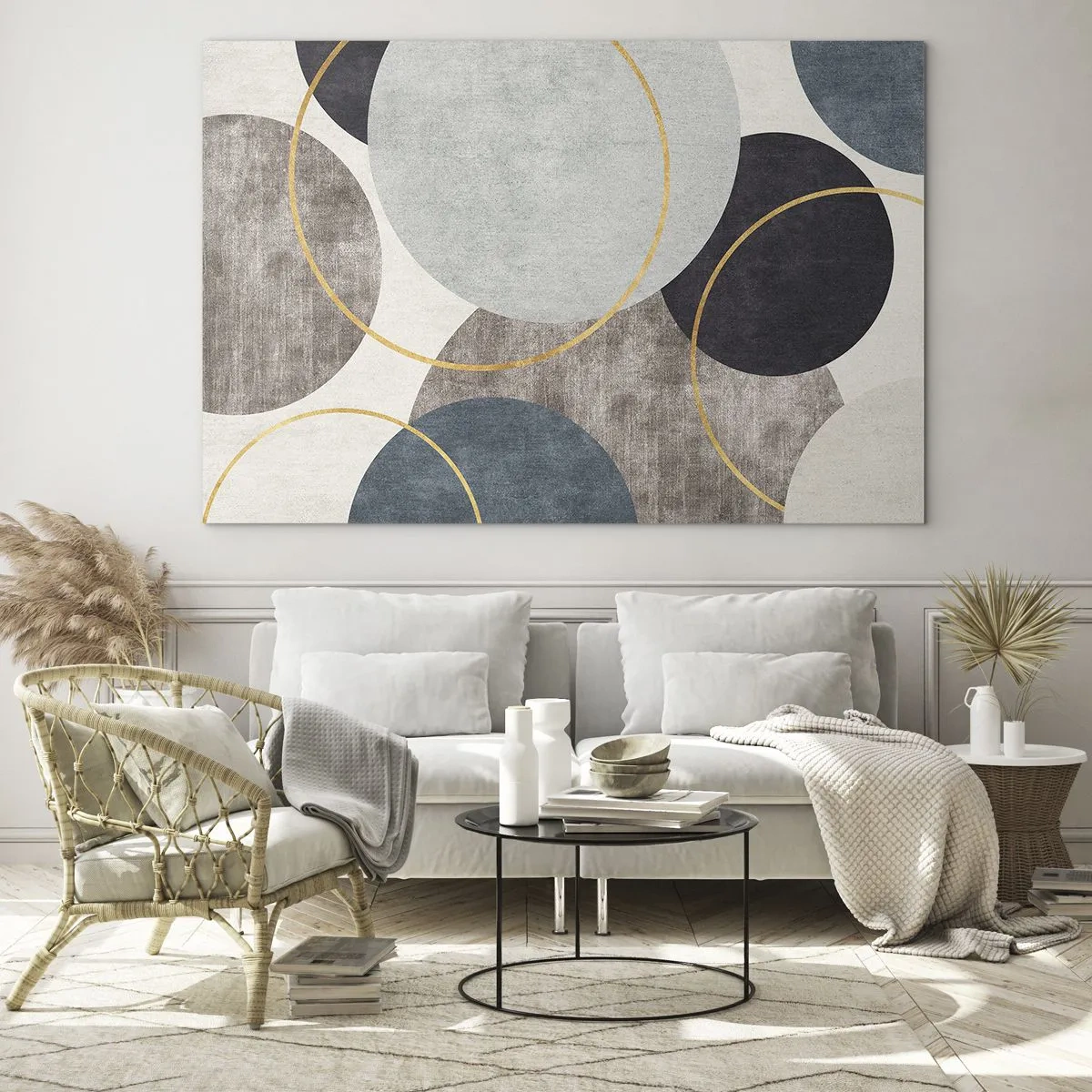 Schilderen op glas - Een compositie van cirkels in gedempte kleuren - 70x50cm - Wiel voor wiel - Moderne wanddecoratie voor woonkamer en slaapkamer ARTTOR