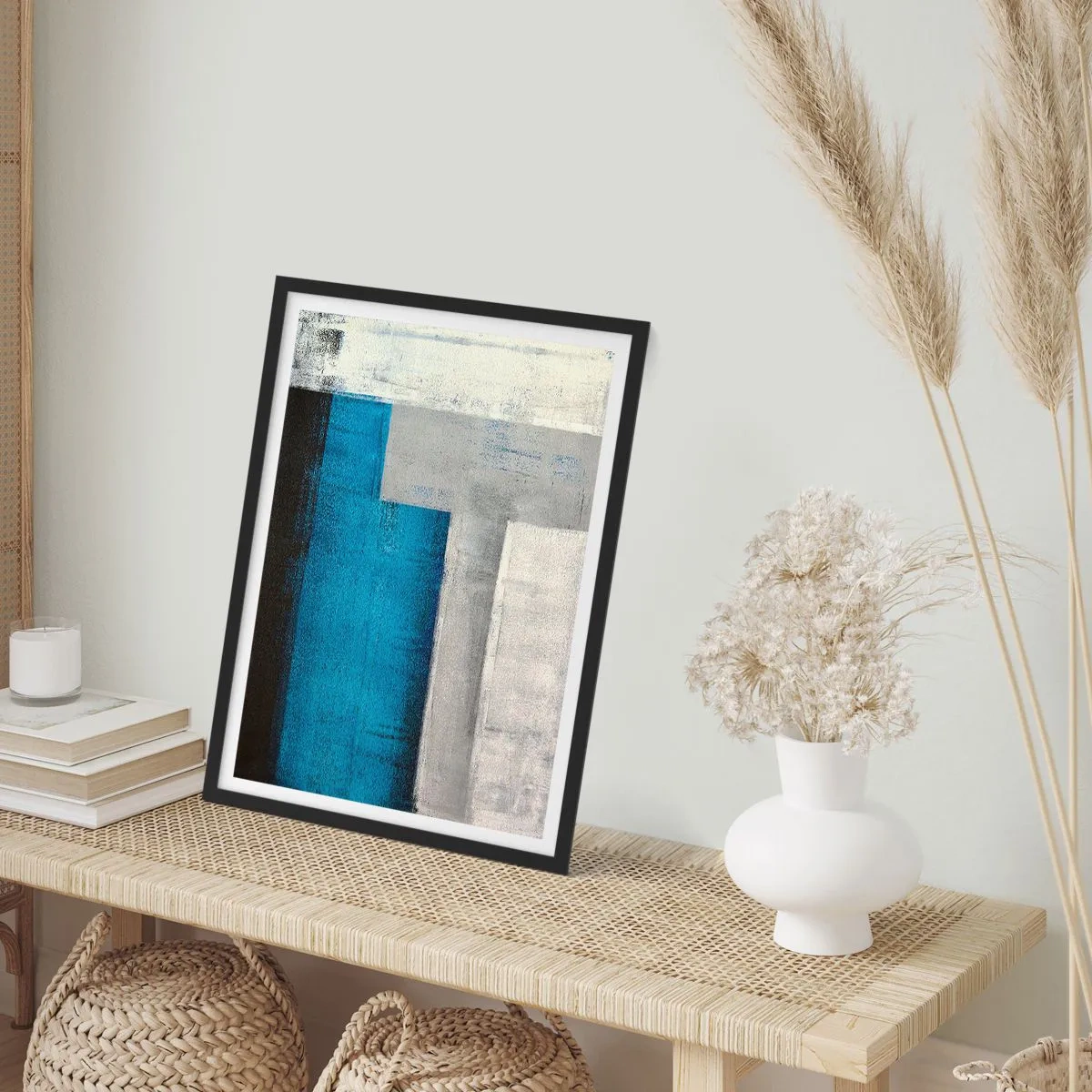 Poster in een zwarte lijst - Geometrische abstractie in tinten blauw en grijs - 50x70cm - Een poëtische compositie van grijs en blauw - Moderne wanddecoratie voor woonkamer en slaapkamer ARTTOR