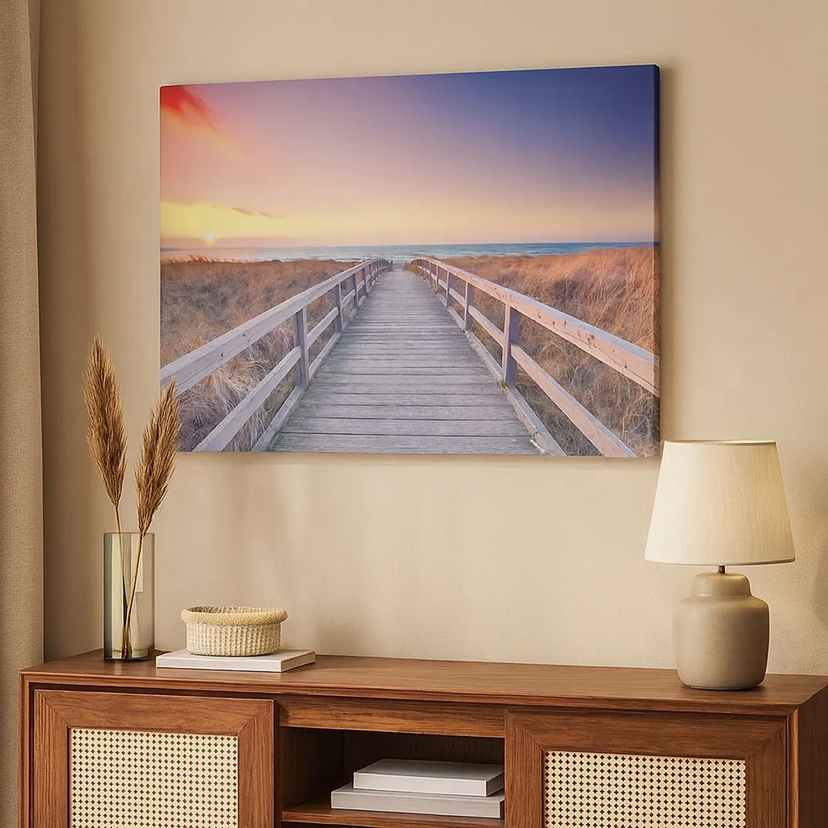 Schilderen op canvas - Een houten steiger die naar het strand leidt bij zonsondergang, met de lucht geschilderd in pastelkleuren. - 70x50cm - Baltische avond aurora - Moderne wanddecoratie voor woonkamer en slaapkamer ARTTOR