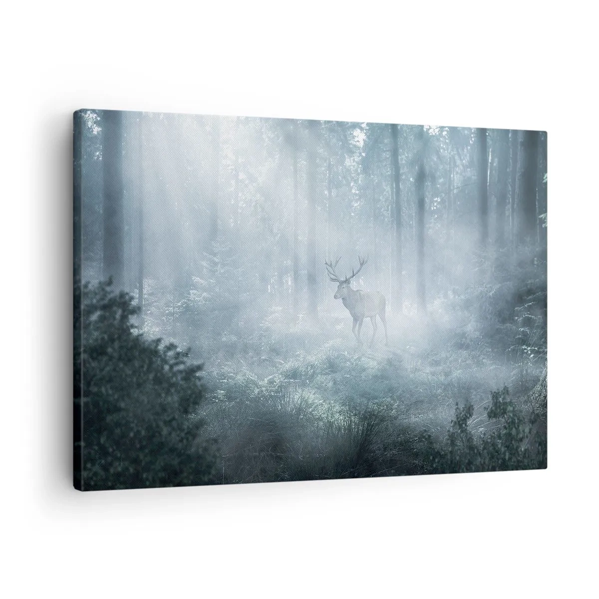Schilderen op canvas - Een hert in een dicht bos, gehuld in ochtendmist - 70x50cm - Ochtendbezoek aan het landgoed - Moderne wanddecoratie voor woonkamer en slaapkamer ARTTOR