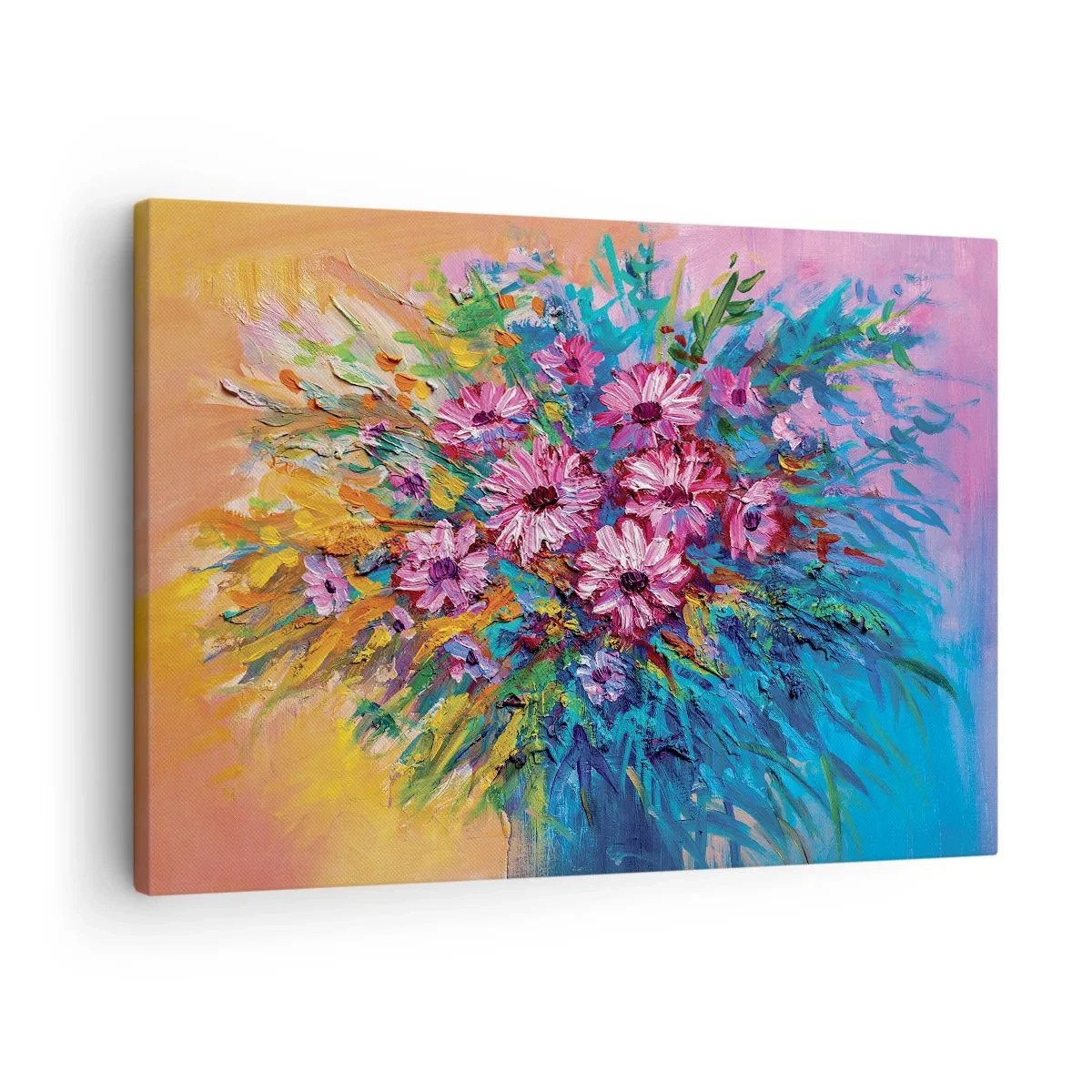 Schilderen op canvas - Kleurrijke bloemen in een boeket tegen een pastelkleurige achtergrond - 70x50cm - Levensenergie - Moderne wanddecoratie voor woonkamer en slaapkamer ARTTOR