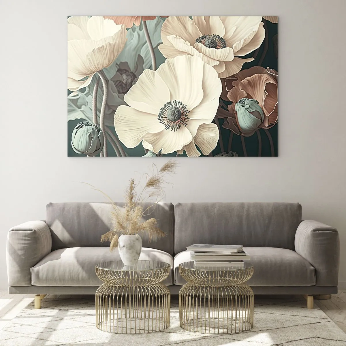 Schilderen op glas - Delicate room- en zalmkleurige klaprozen op een donkere achtergrond - 70x50cm - Het gefluister van klaprozen - Moderne wanddecoratie voor woonkamer en slaapkamer ARTTOR