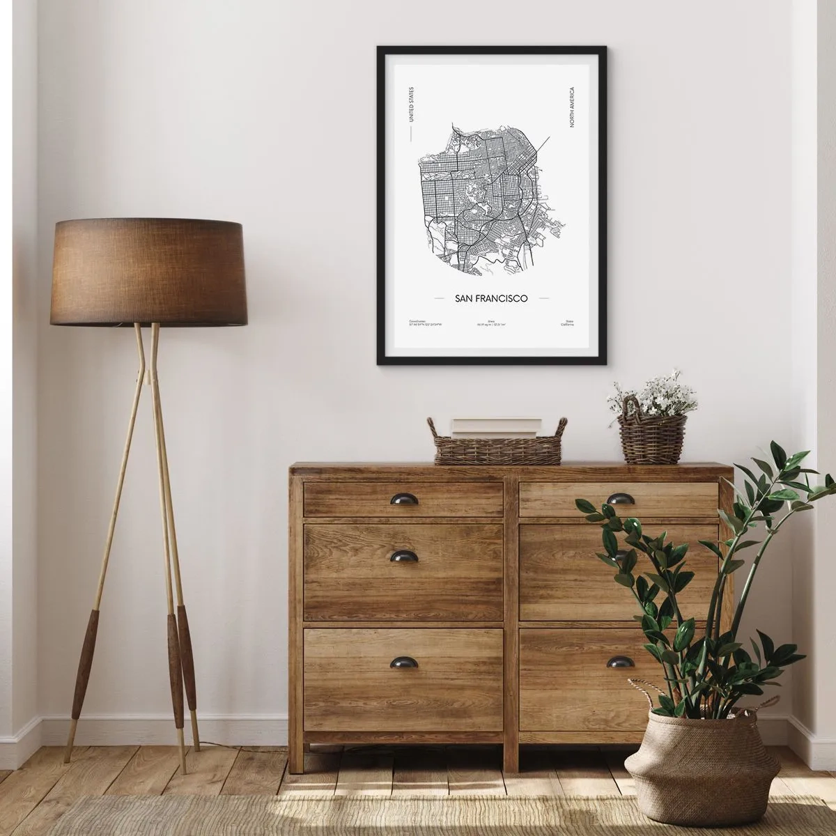 Poster in een zwarte lijst - Een minimalistische kaart van San Francisco in zwart-wit. - 50x70cm - Anatomie van San Francisco - Moderne wanddecoratie voor woonkamer en slaapkamer ARTTOR