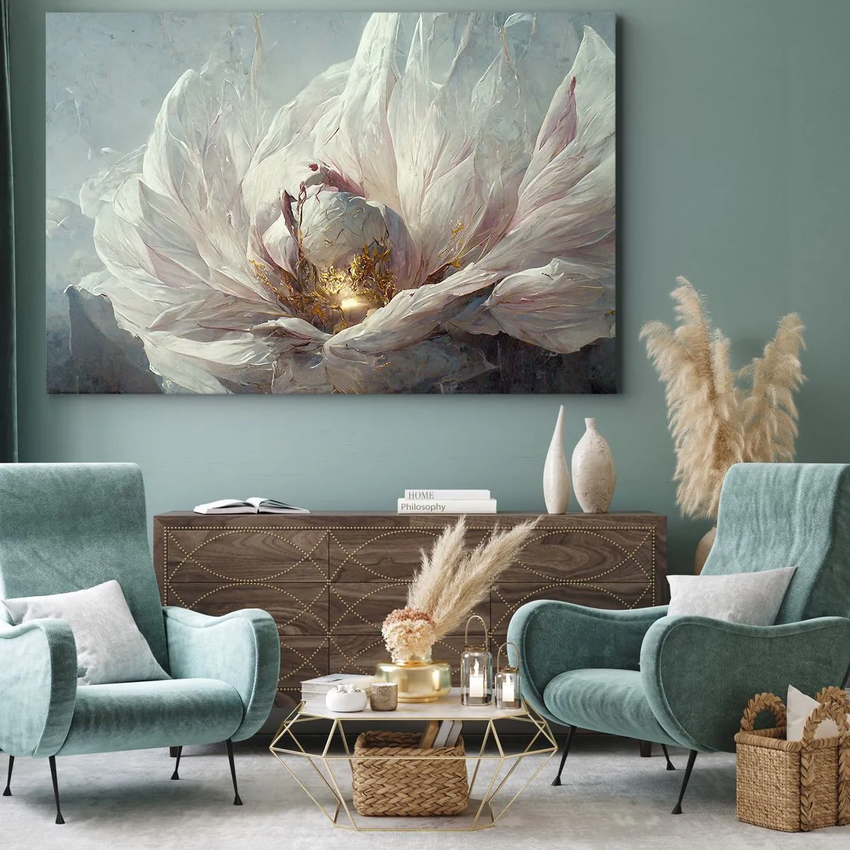Schilderen op canvas - Een delicate witte bloem met subtiele gouden accenten - 70x50cm - Hij bloeit eens in de honderd jaar - Moderne wanddecoratie voor woonkamer en slaapkamer ARTTOR
