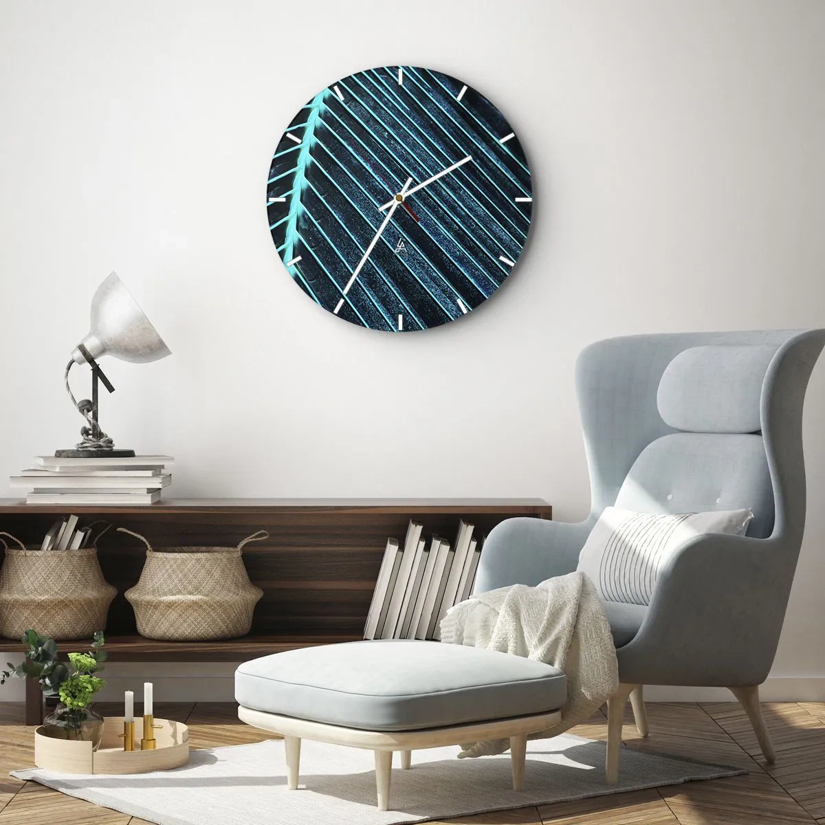 Wandklok - Klok - Een close-up van een palmblad in tinten groen en turquoise. - 30x30cm - Groene textuur - Moderne wanddecoratie voor woonkamer, keuken en slaapkamer ARTTOR