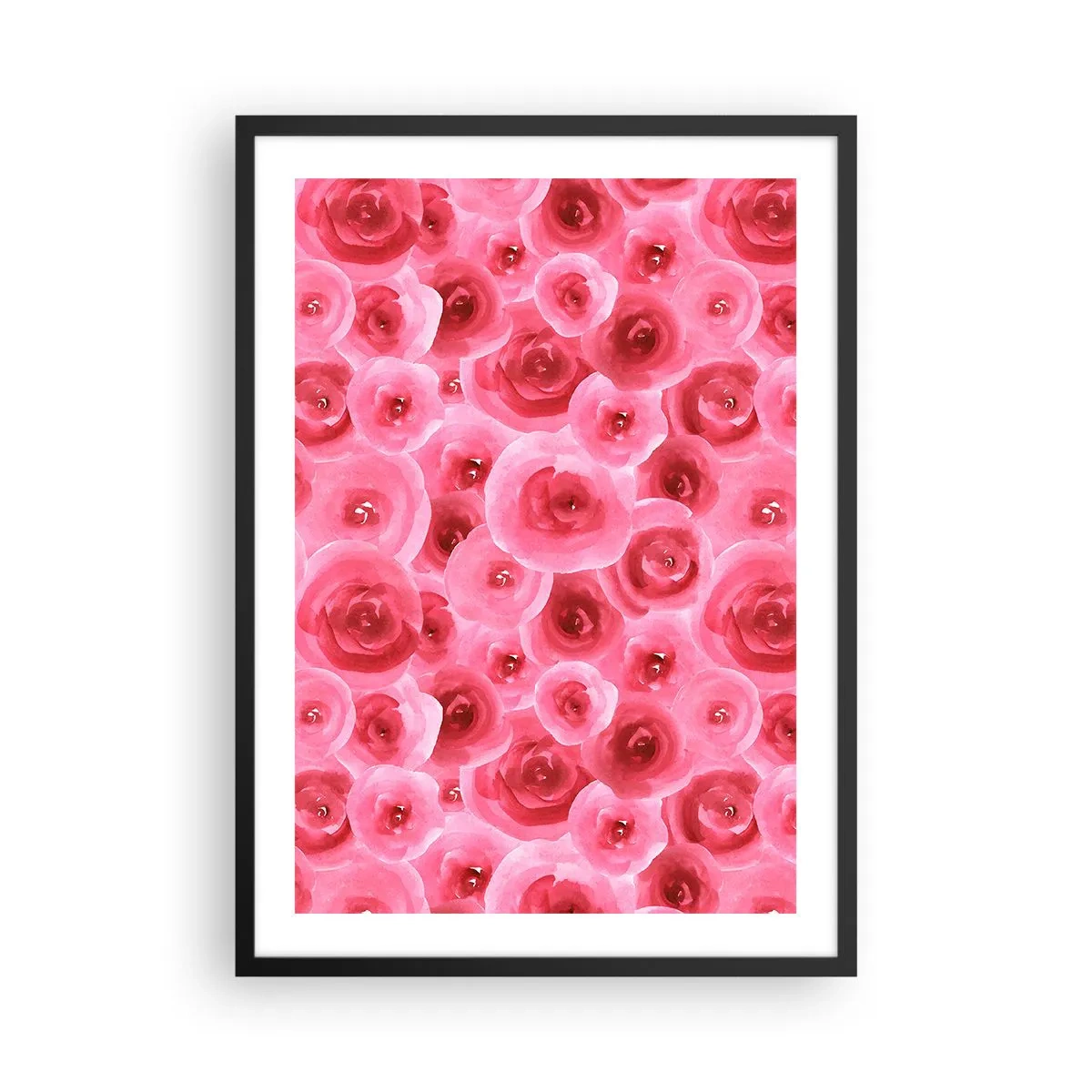 Poster in een zwarte lijst - Aquarel roze rozen in een romantische stijl - 50x70cm - Rozen onder en boven - Moderne wanddecoratie voor woonkamer en slaapkamer ARTTOR