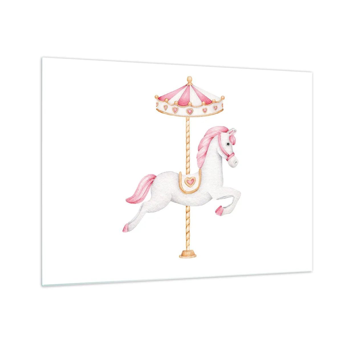 Schilderen op glas - Roze en wit draaimolenpaard op een witte achtergrond - 70x50cm - Hij raakte de grond rennend - Moderne wanddecoratie voor woonkamer en slaapkamer ARTTOR