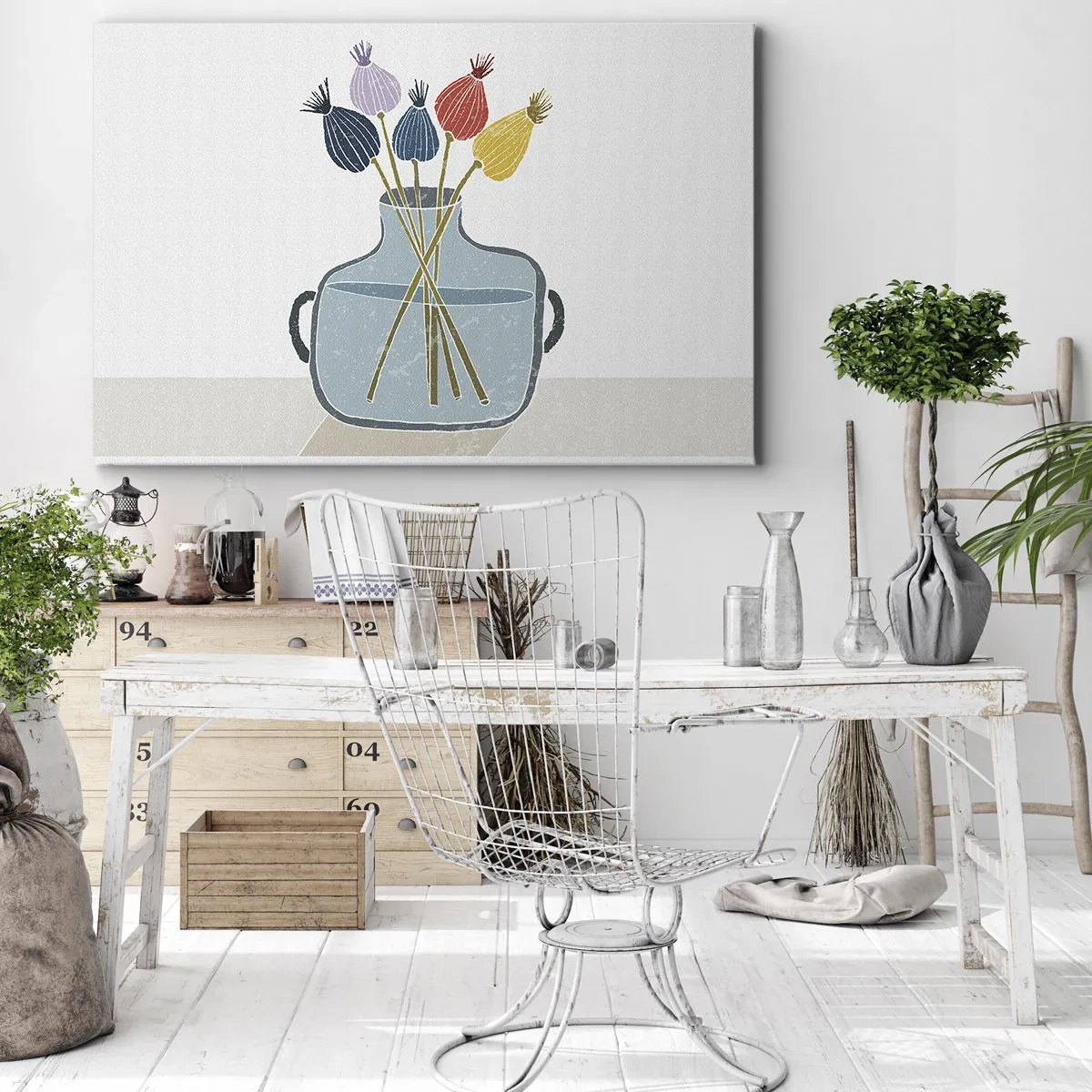 Schilderen op canvas - Kleurrijke gedroogde bloemen in een vaas op een witte achtergrond - 70x50cm - Alsof hij met maanzaad heeft gezaaid - Moderne wanddecoratie voor woonkamer en slaapkamer ARTTOR