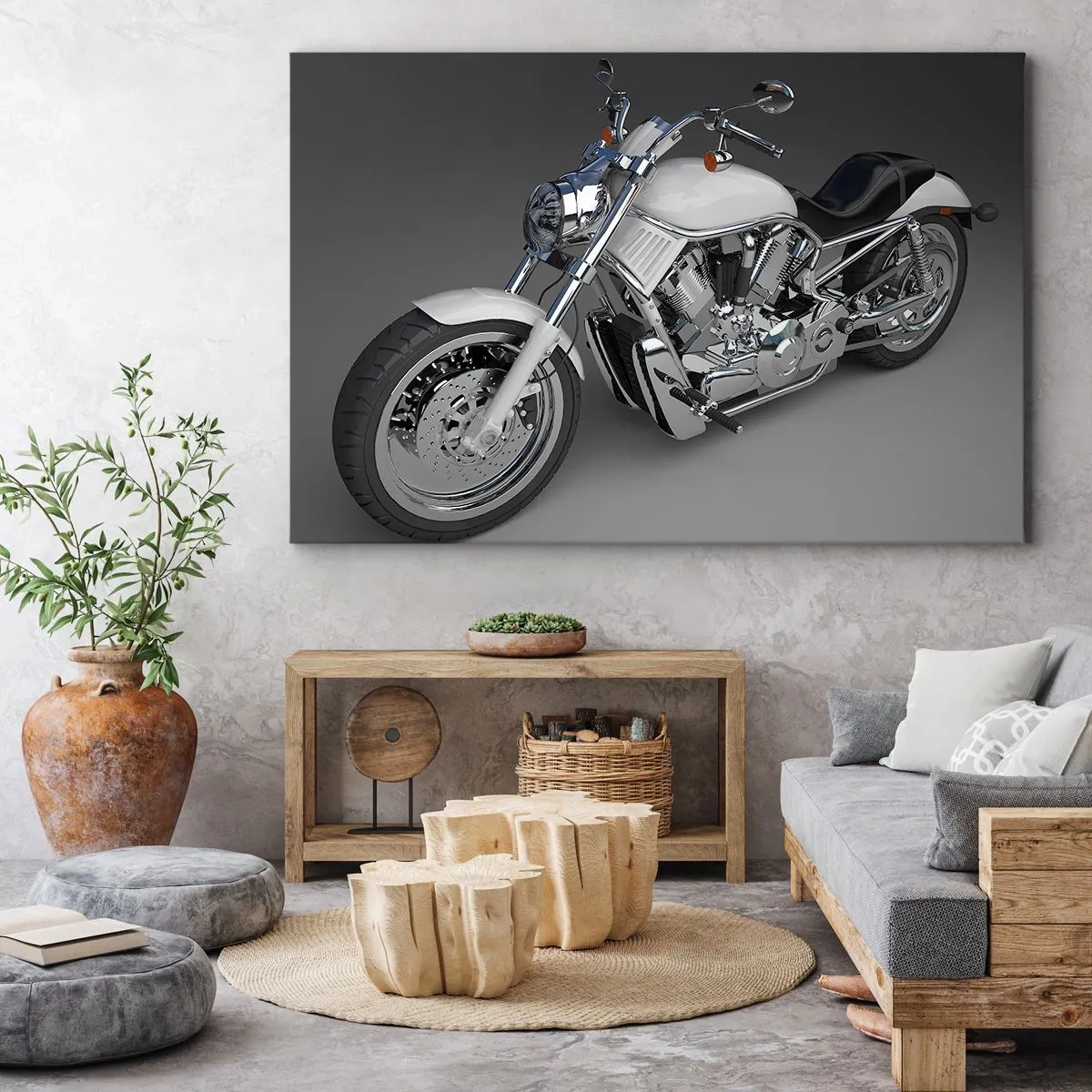 Schilderen op canvas - Witte cruisermotorfiets op een grijze achtergrond - 70x50cm - Je wilt bijna knielen - Moderne wanddecoratie voor woonkamer en slaapkamer ARTTOR