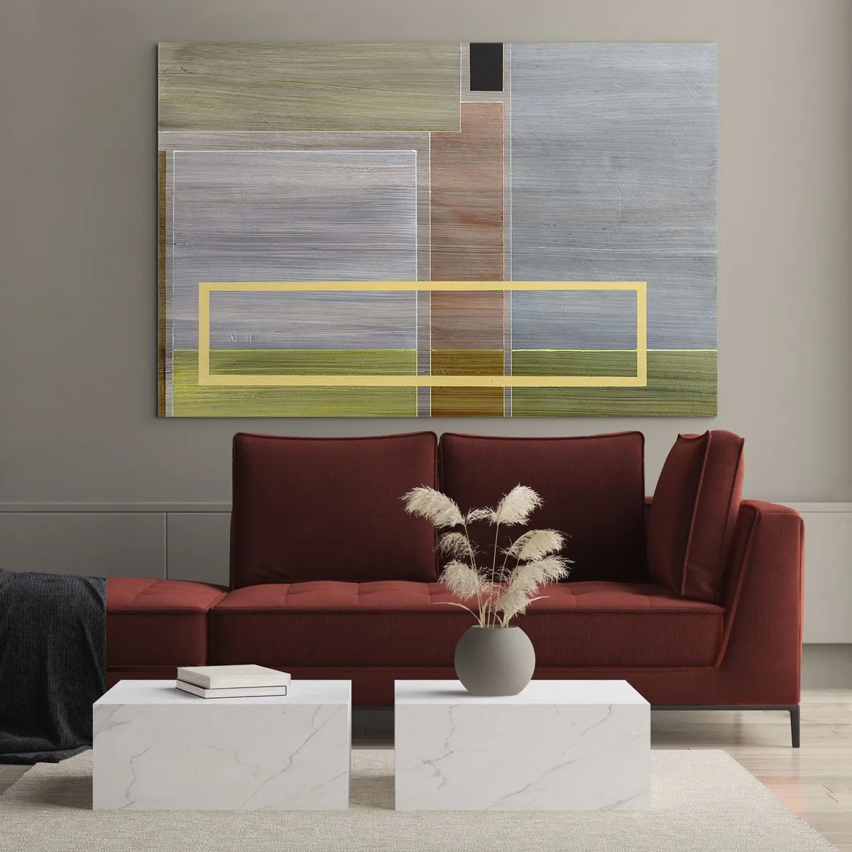 Schilderen op glas - Moderne abstractie met rechthoekige vormen en aardse kleuren - 70x50cm - Eenvoudig en rustig - Moderne wanddecoratie voor woonkamer en slaapkamer ARTTOR