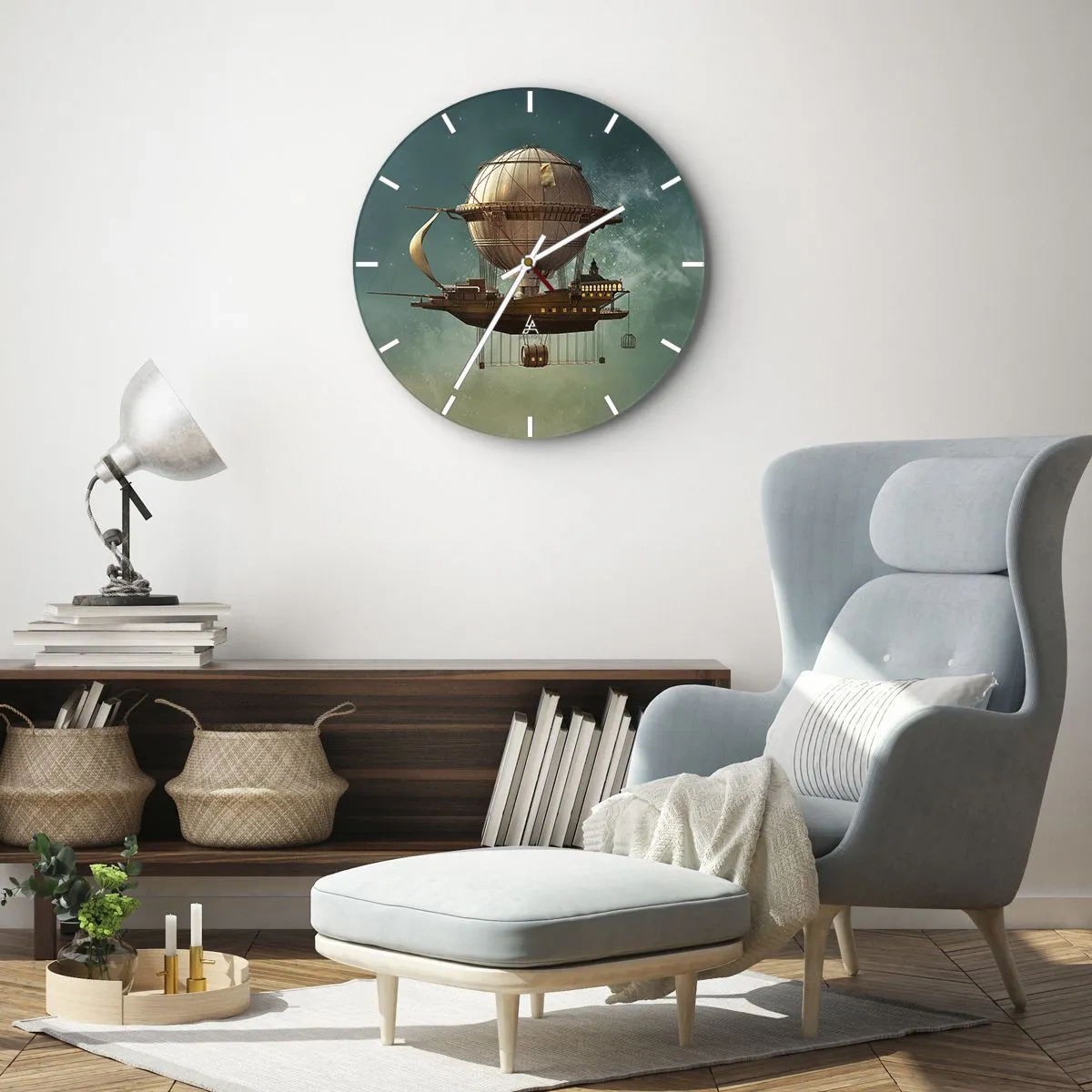 Wandklok - Klok - Een fantastisch retro-luchtschip dat in de wolken zweeft - 30x30cm - Jules Verne groet - Moderne wanddecoratie voor woonkamer, keuken en slaapkamer ARTTOR