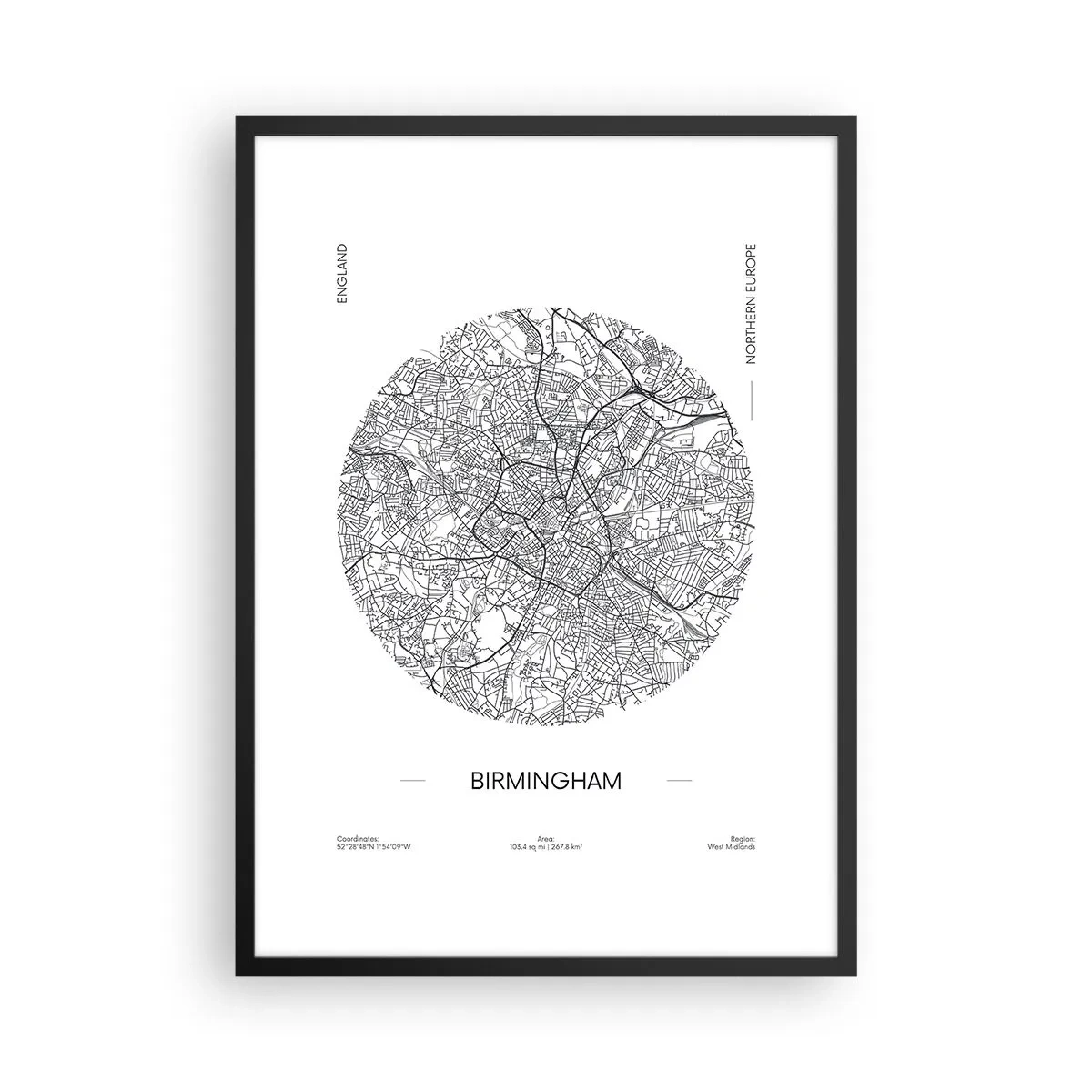 Poster in een zwarte lijst - Een minimalistische zwart-witkaart van Birmingham - 50x70cm - Anatomie van Birmingham - Moderne wanddecoratie voor woonkamer en slaapkamer ARTTOR