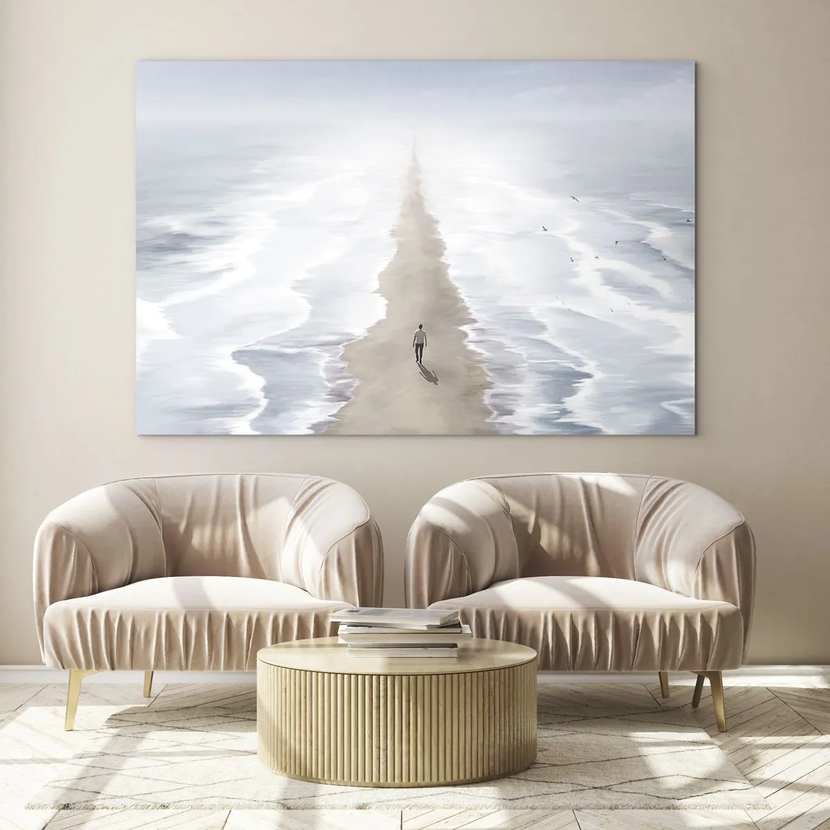 Schilderen op glas - Een figuur die alleen naar de horizon loopt tussen de golven - 70x50cm - Een gouden toekomst - Moderne wanddecoratie voor woonkamer en slaapkamer ARTTOR