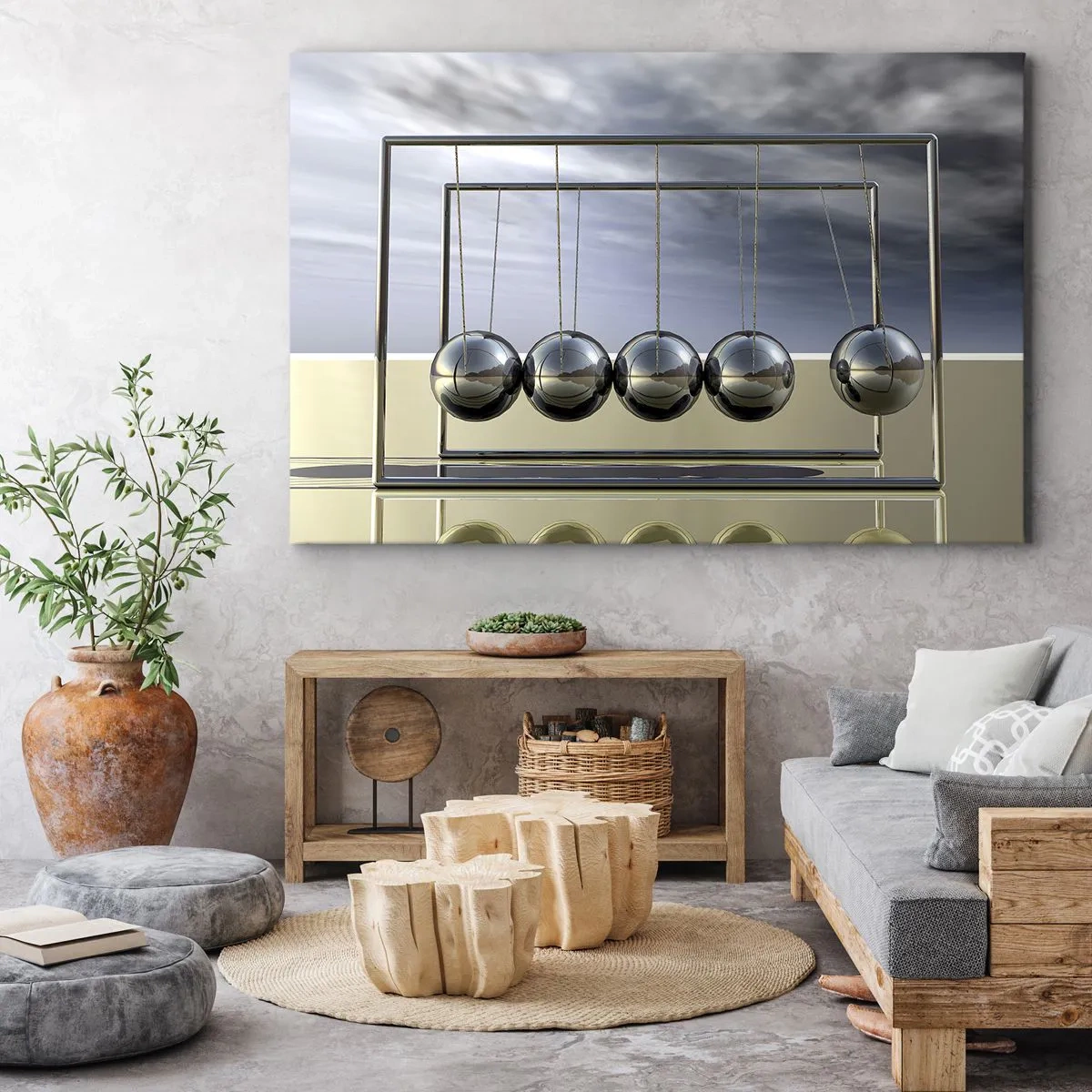 Schilderen op canvas - De bollen van Newton in een minimalistische setting met lichtreflecties - 70x50cm - De energie van de wereld - Moderne wanddecoratie voor woonkamer en slaapkamer ARTTOR