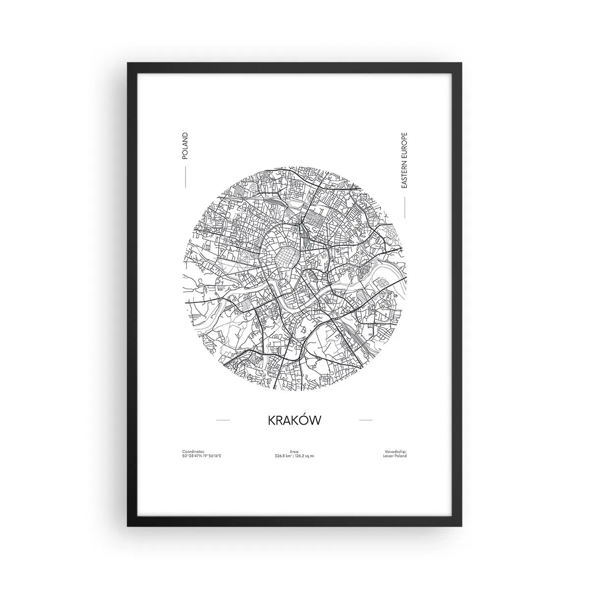 Poster in een zwarte lijst - Een minimalistische kaart van Krakau in een cirkel - 50x70cm - Anatomie van Krakau - Moderne wanddecoratie voor woonkamer en slaapkamer ARTTOR
