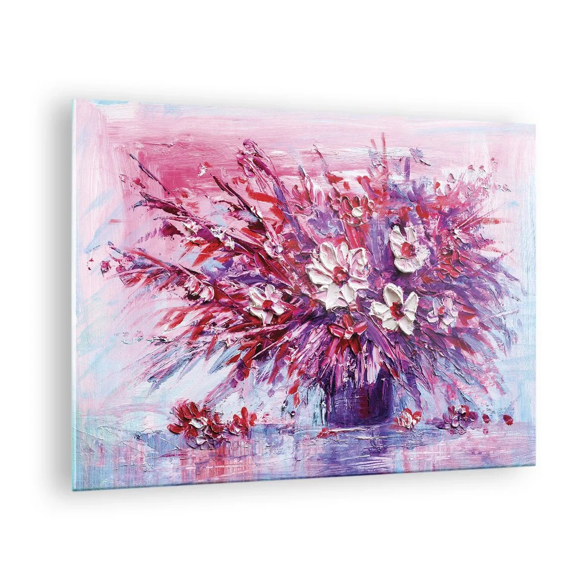 Schilderen op glas - Een boeket bloemen in tinten roze en paars - 70x50cm - Onschuld en passie - Moderne wanddecoratie voor woonkamer en slaapkamer ARTTOR
