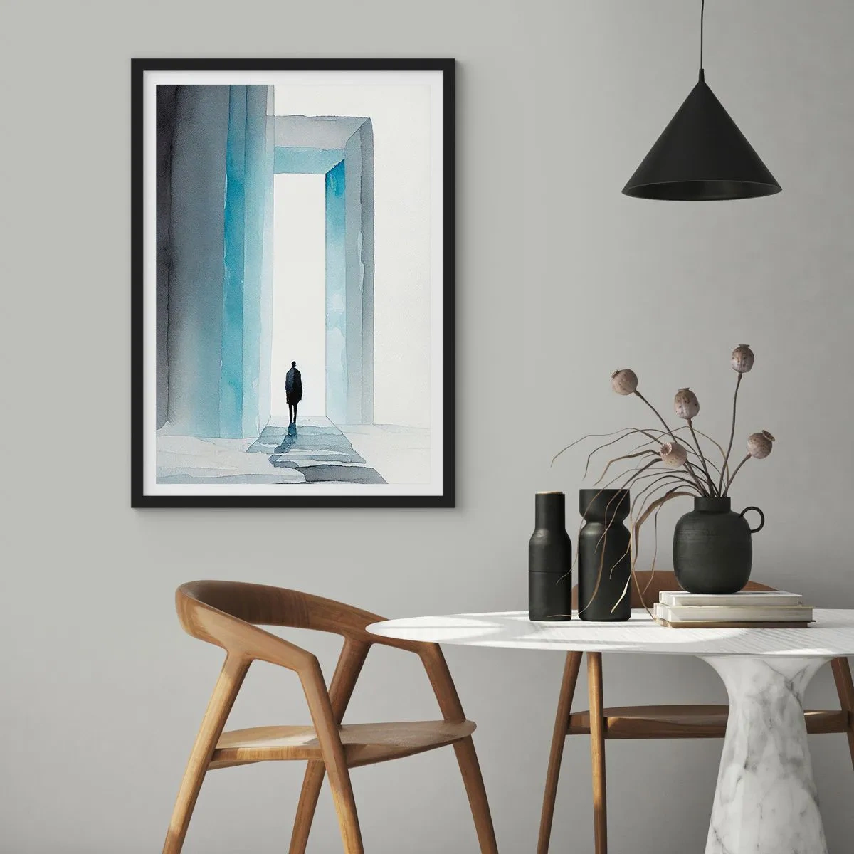 Poster in een zwarte lijst - Een figuur die door een blauwe poort loopt, symboliseert vrijheid en onbegrensde mogelijkheden - 50x70cm - Leef zonder grenzen - Moderne wanddecoratie voor woonkamer en slaapkamer ARTTOR