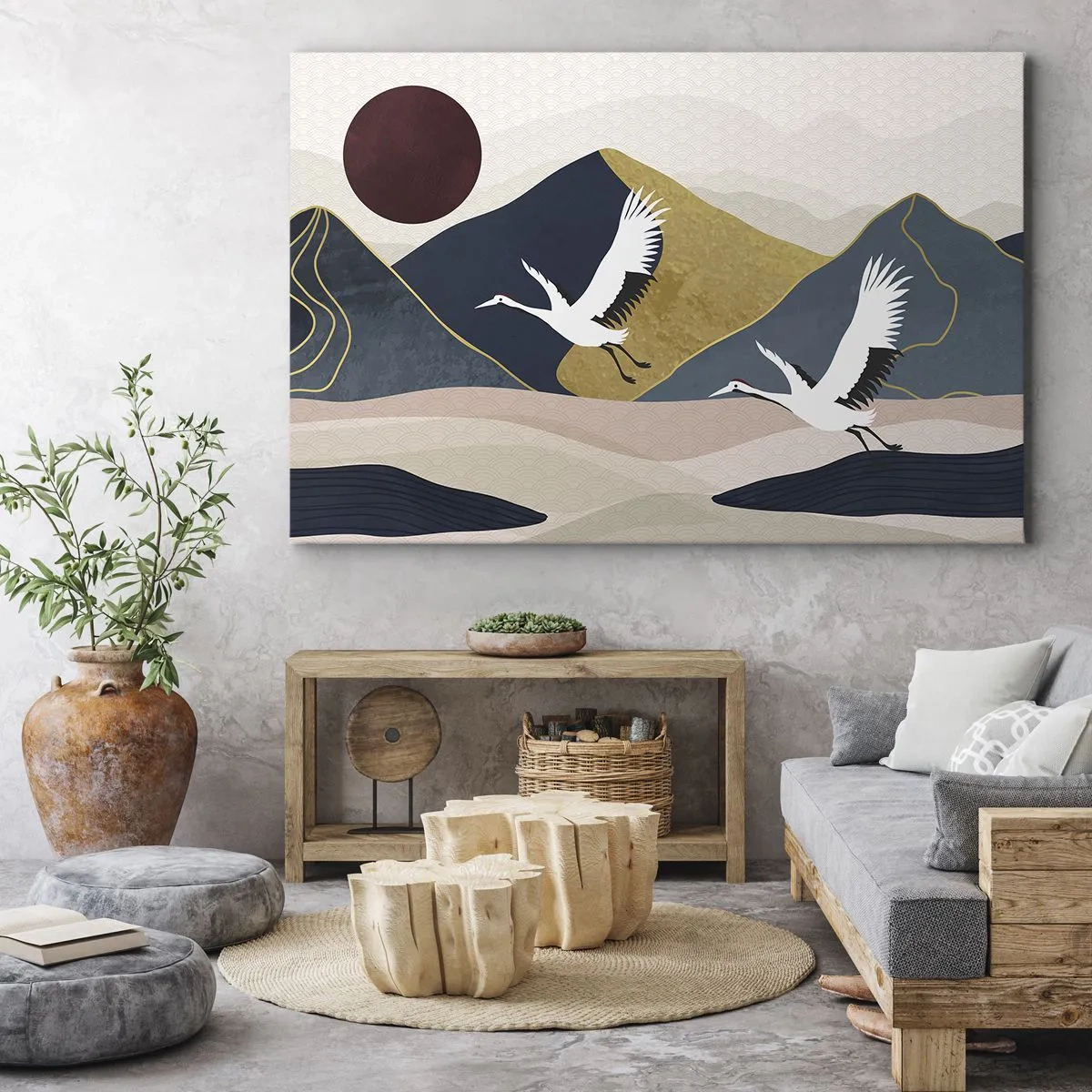 Schilderen op canvas - Kranen in vlucht tegen de achtergrond van bergen en een rode zon - 70x50cm - Het is weer een dag GEGAAN - Moderne wanddecoratie voor woonkamer en slaapkamer ARTTOR