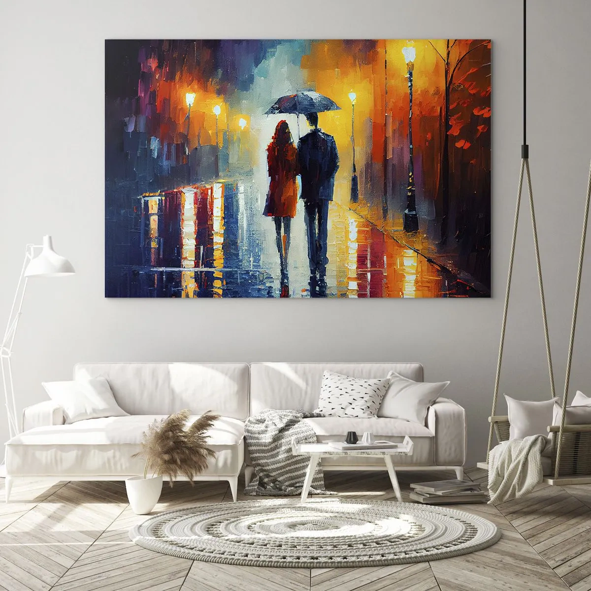 Schilderen op glas - Een stel onder een paraplu op een kleurrijke nachtelijke straat in de regen. - 70x50cm - Samen – een kleurrijke nacht - Moderne wanddecoratie voor woonkamer en slaapkamer ARTTOR