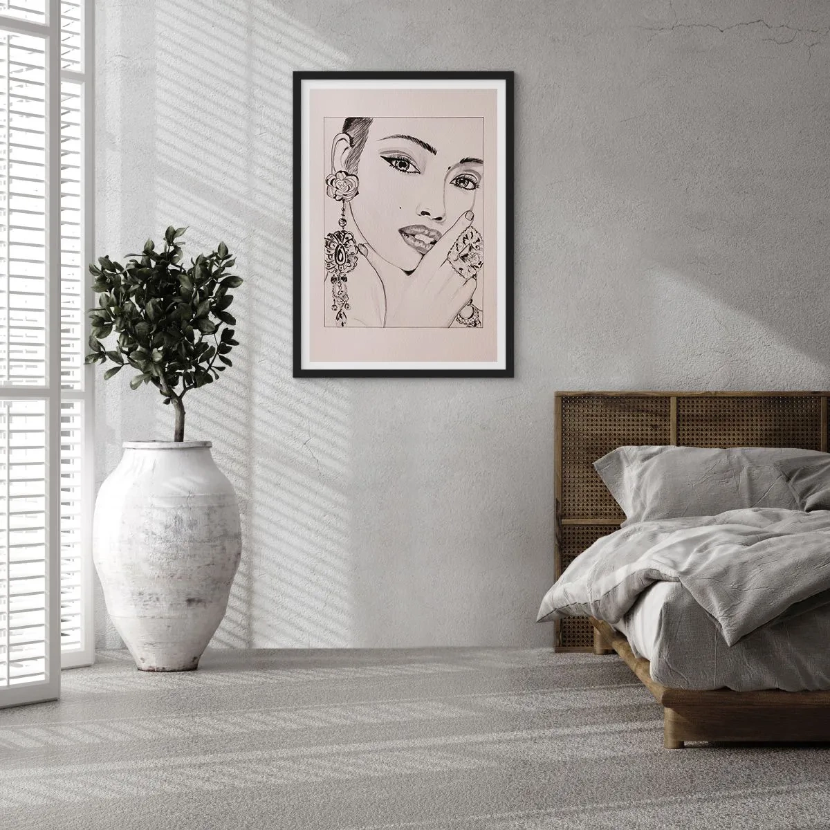 Poster in een zwarte lijst - Schets van een vrouw met glamoureuze sieraden - 50x70cm - Het mooiste juweeltje - Moderne wanddecoratie voor woonkamer en slaapkamer ARTTOR