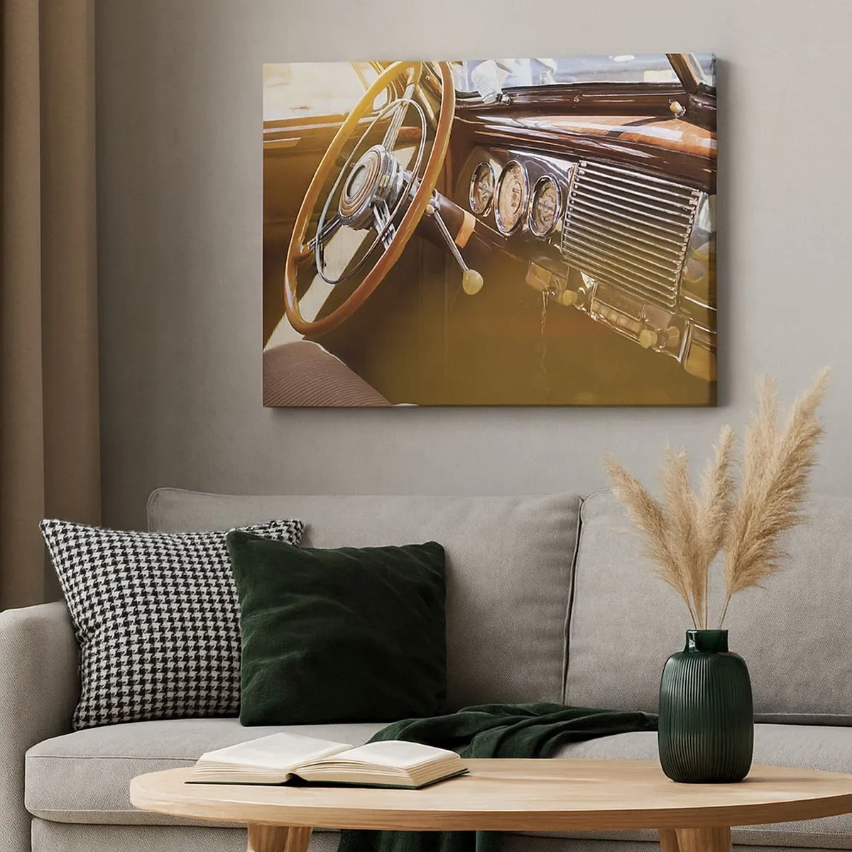 Schilderen op canvas - Close-up van het interieur van een klassieke auto met houten en chromen details. - 70x50cm - Een adem van luxe uit het verleden - Moderne wanddecoratie voor woonkamer en slaapkamer ARTTOR