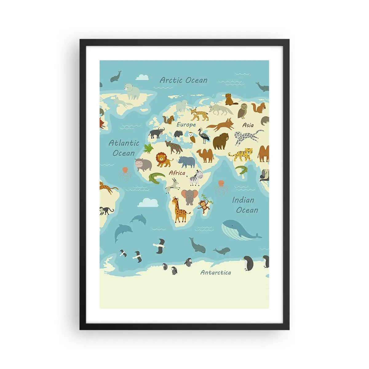 Poster in een zwarte lijst - Een wereldkaart met illustraties van dieren in verschillende regio's - 50x70cm - Goede buren - Moderne wanddecoratie voor woonkamer en slaapkamer ARTTOR