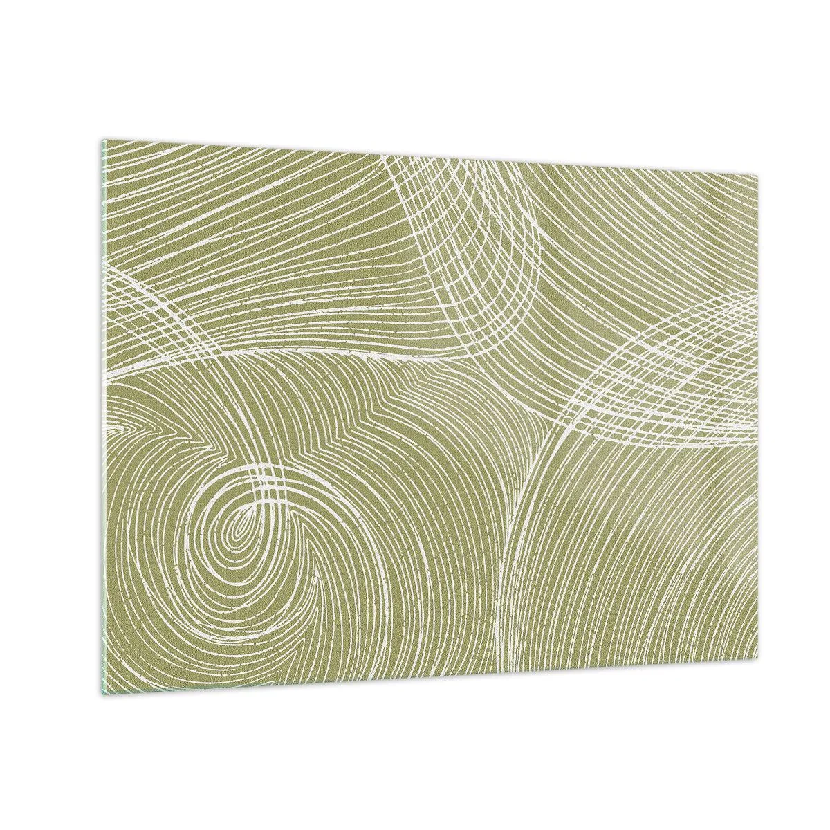 Schilderen op glas - Witte lijnen vormen een complexe structuur tegen een olijfgroene achtergrond. - 70x50cm - Ingewikkelde abstractie in wit - Moderne wanddecoratie voor woonkamer en slaapkamer ARTTOR