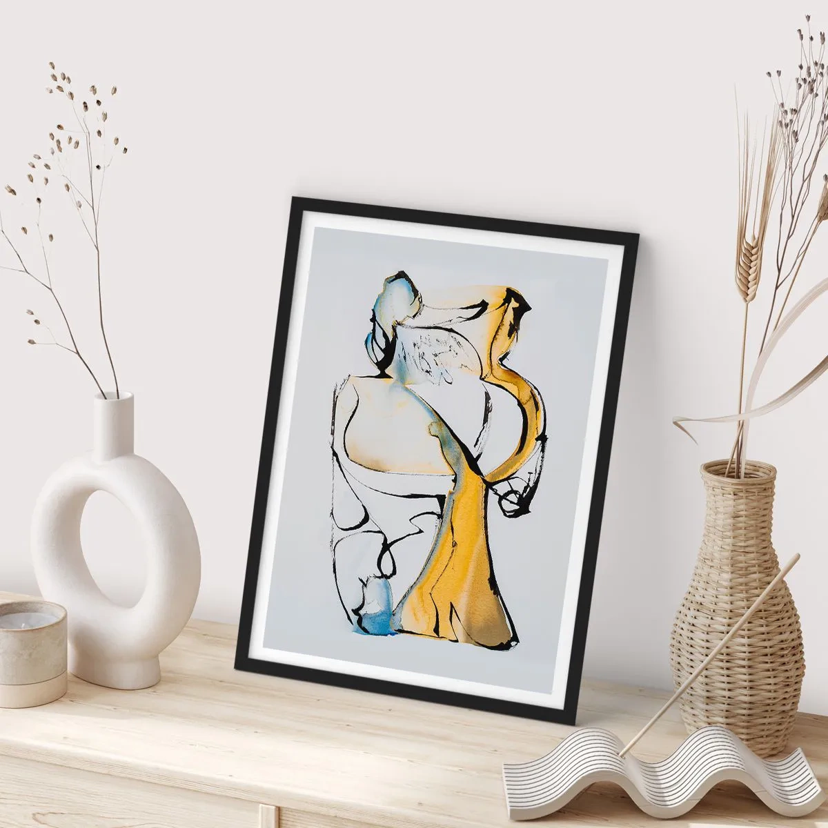 Poster in een zwarte lijst - Een abstract figuur in zwart, geel en blauw, dat beweging en emotie uitdrukt. - 50x70cm - Glazen abstractie - Moderne wanddecoratie voor woonkamer en slaapkamer ARTTOR