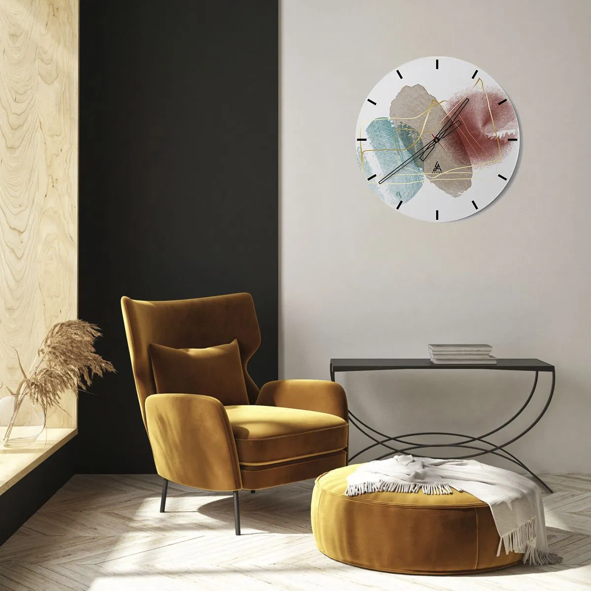 Wandklok - Klok - Kleurrijke aquarelspatten en gouden lijnen op een witte achtergrond - 30x30cm - Koralen van de ruimte - Moderne wanddecoratie voor woonkamer, keuken en slaapkamer ARTTOR