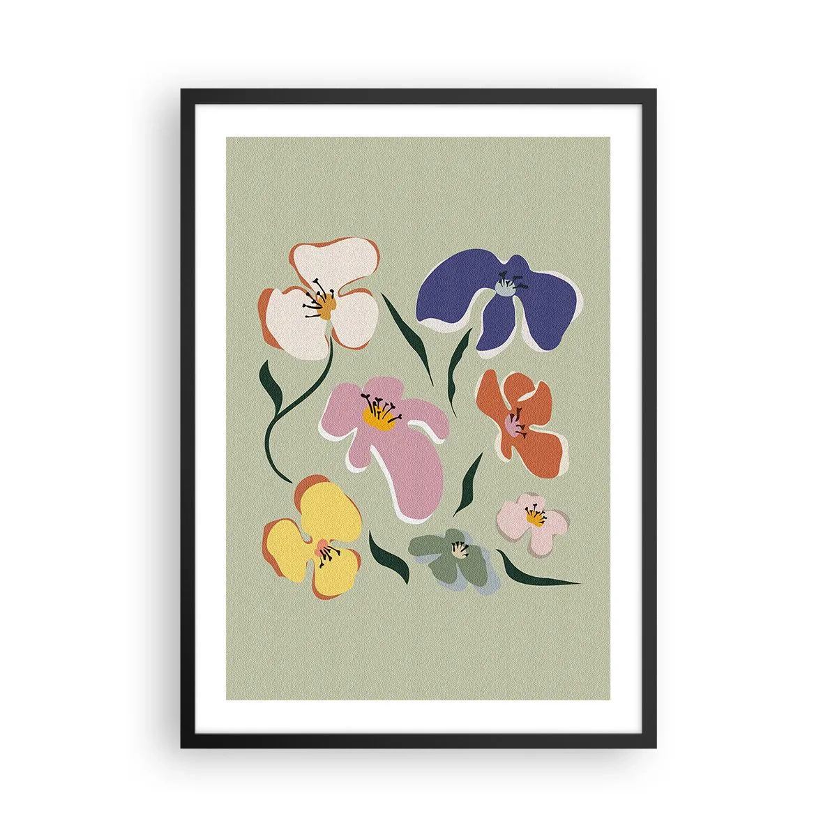 Poster in een zwarte lijst - Kleurrijke bloemen op een groene achtergrond in een artistieke stijl - 50x70cm - Viooltjes welkom - Moderne wanddecoratie voor woonkamer en slaapkamer ARTTOR