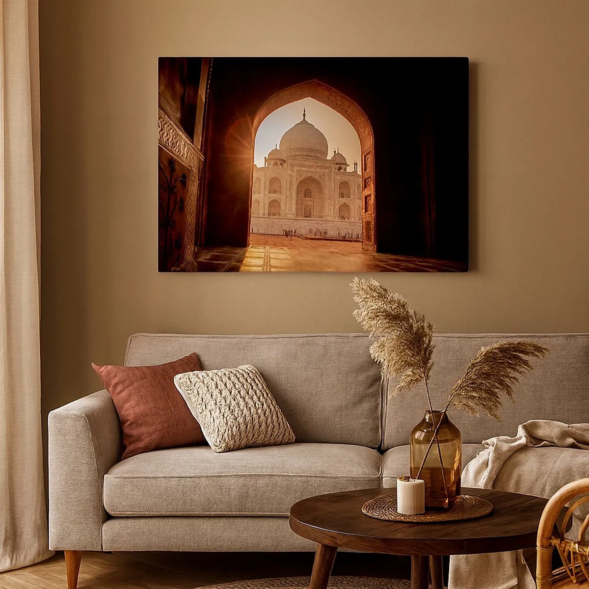 Schilderen op canvas - Taj Mahal in het zonlicht gezien vanaf de poortboog - 70x50cm - Een monument voor onaardse liefde - Moderne wanddecoratie voor woonkamer en slaapkamer ARTTOR