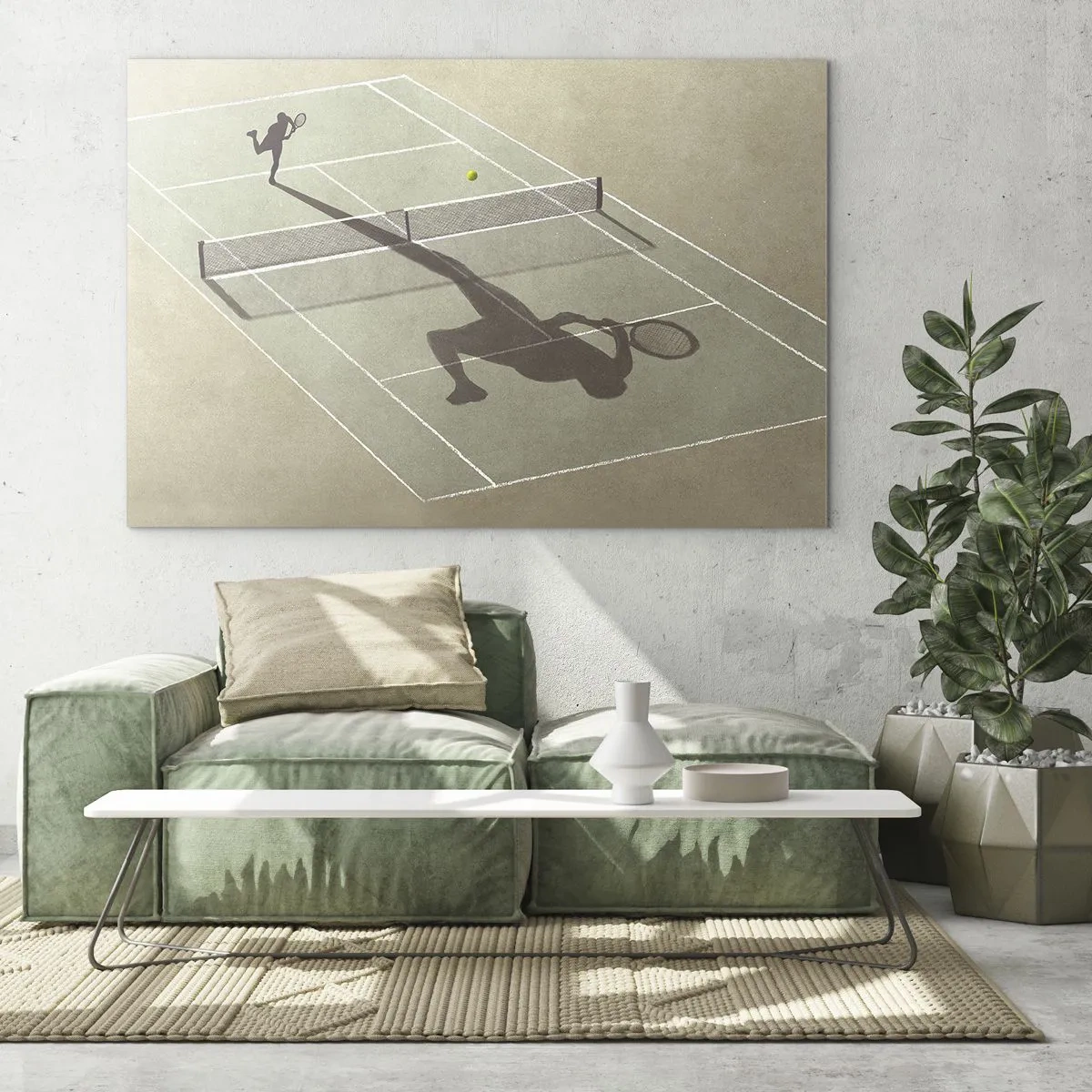 Schilderen op glas - De figuur van een tennisser en zijn schaduw op het veld tijdens een service - 70x50cm - Jezelf overwinnen - Moderne wanddecoratie voor woonkamer en slaapkamer ARTTOR