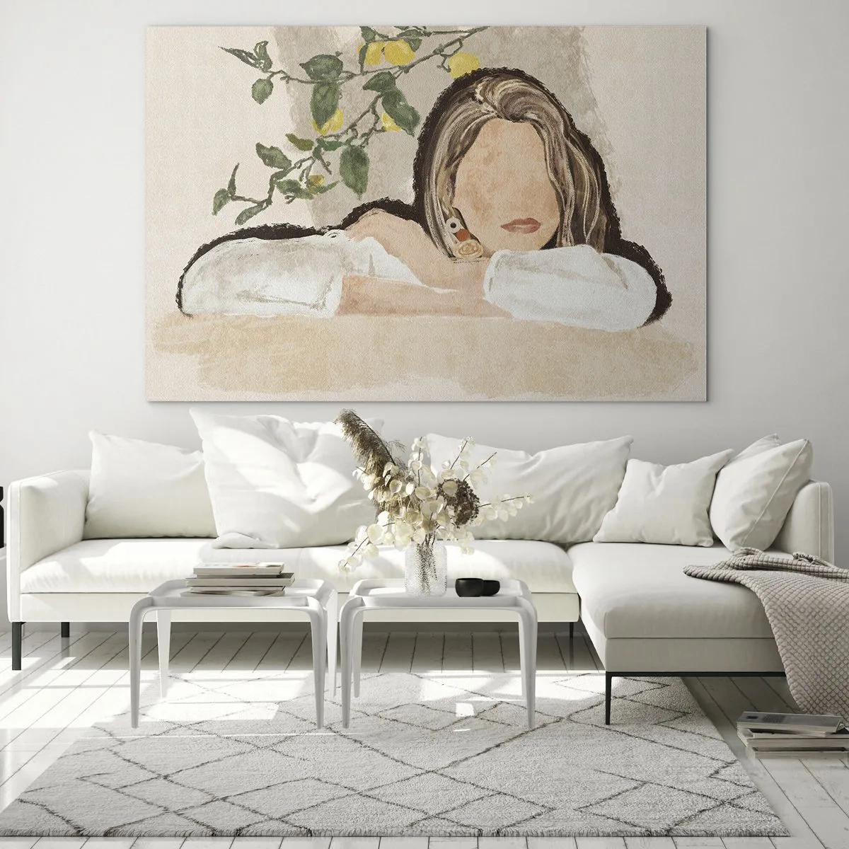 Schilderen op glas - Een vrouw leunt op een tafel tussen de takken van een citroenboom, haar gezicht is volkomen gelaatstrekkend. - 70x50cm - Zuidelijke schoonheid - Moderne wanddecoratie voor woonkamer en slaapkamer ARTTOR