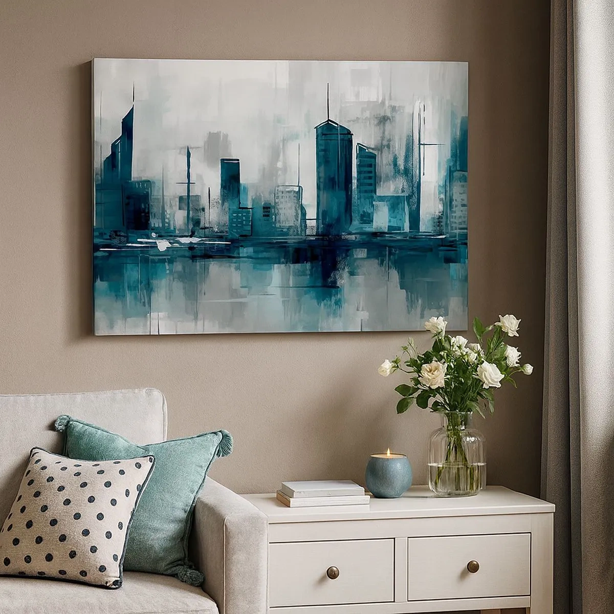 Schilderen op canvas - Een moderne stad in tinten turquoise en grijs - 70x50cm - Een stad in de kleur van regen - Moderne wanddecoratie voor woonkamer en slaapkamer ARTTOR