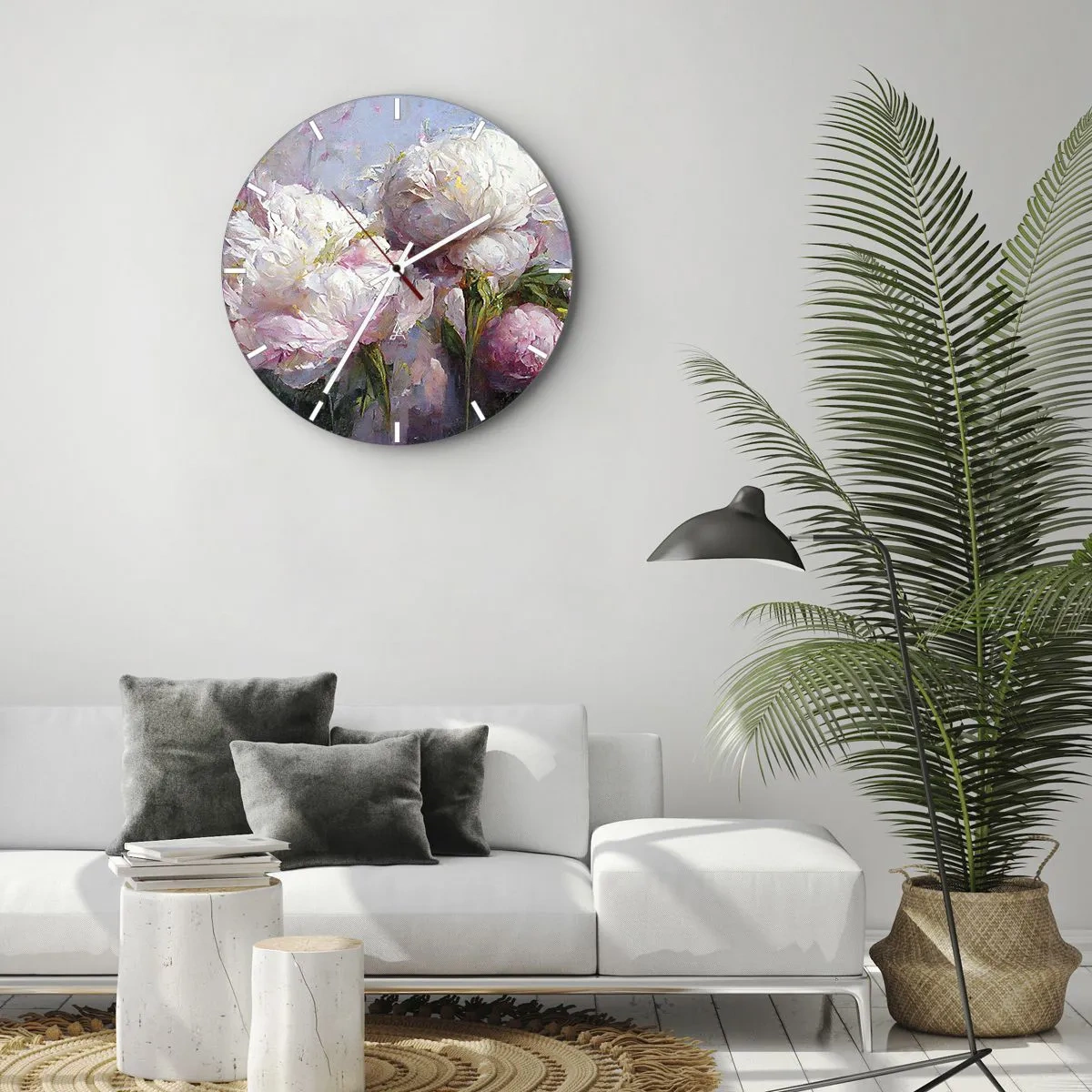 Wandklok - Klok - Een boeket van witte en roze bloemen op een blauwe achtergrond - 30x30cm - Een boeket vol leven - Moderne wanddecoratie voor woonkamer, keuken en slaapkamer ARTTOR
