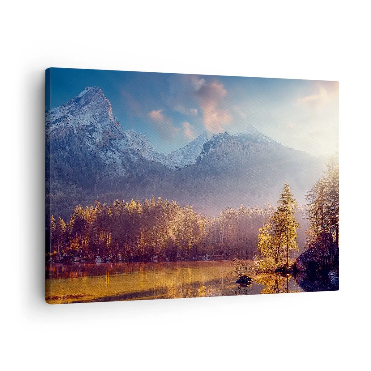 Schilderen op canvas - Schilderachtig uitzicht op het bergbos en het meer bij zonsopgang - 70x50cm - In bergen en dalen - Moderne wanddecoratie voor woonkamer en slaapkamer ARTTOR