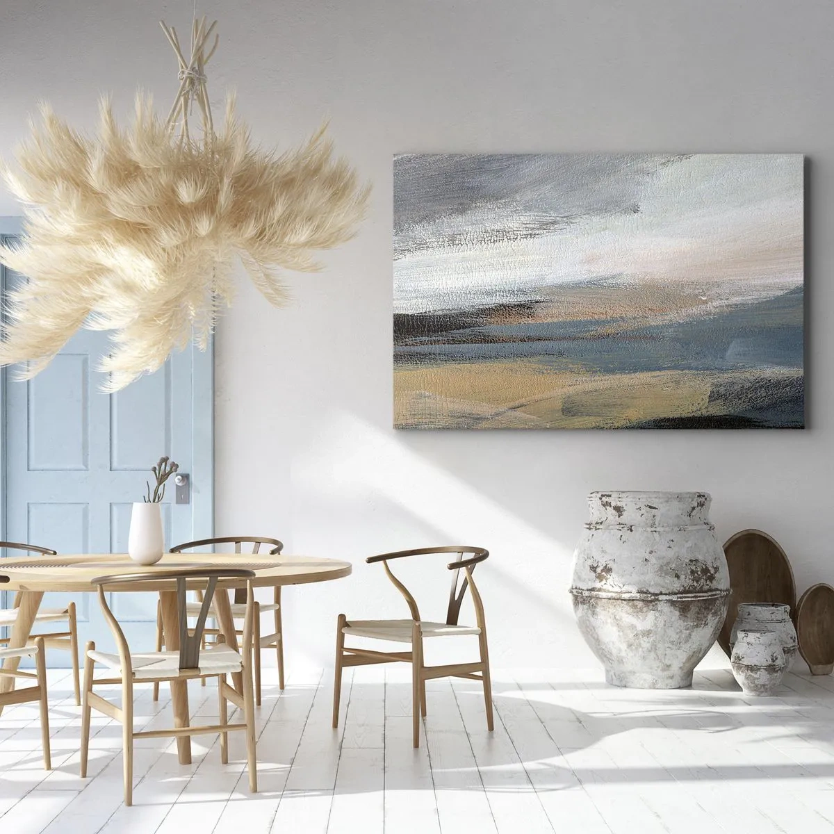 Schilderen op canvas - Abstract landschap in gedempte tinten blauw en beige - 70x50cm - Abstractie: noordelijk landschap - Moderne wanddecoratie voor woonkamer en slaapkamer ARTTOR