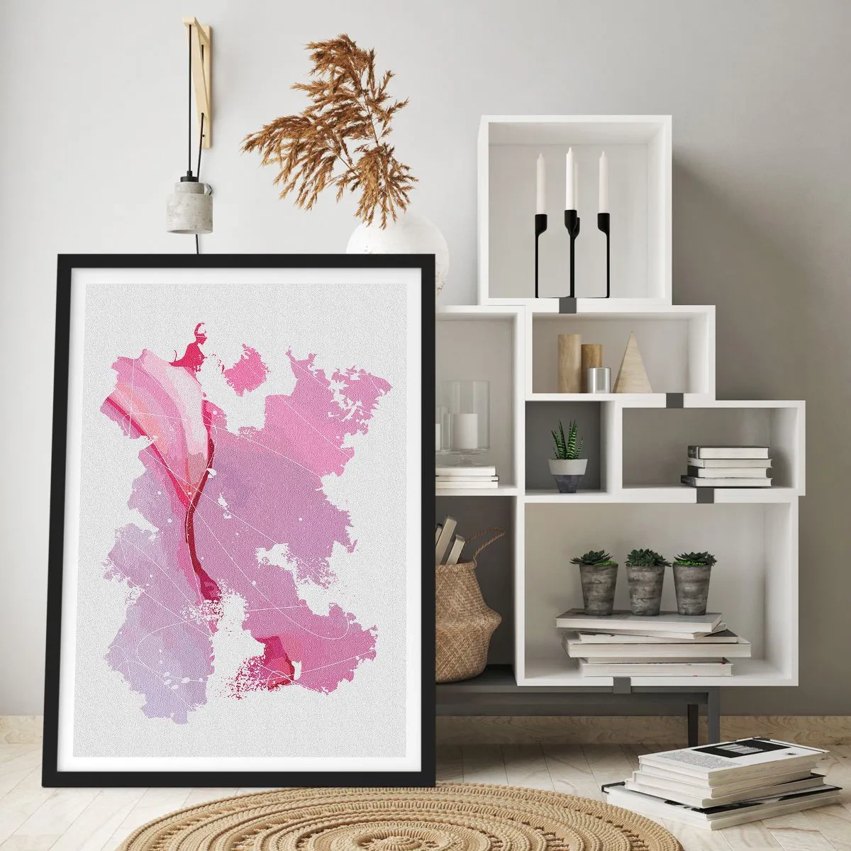 Poster in een zwarte lijst - Abstracte kaart in tinten roze en paars - 50x70cm - Kaart van de roze wereld - Moderne wanddecoratie voor woonkamer en slaapkamer ARTTOR